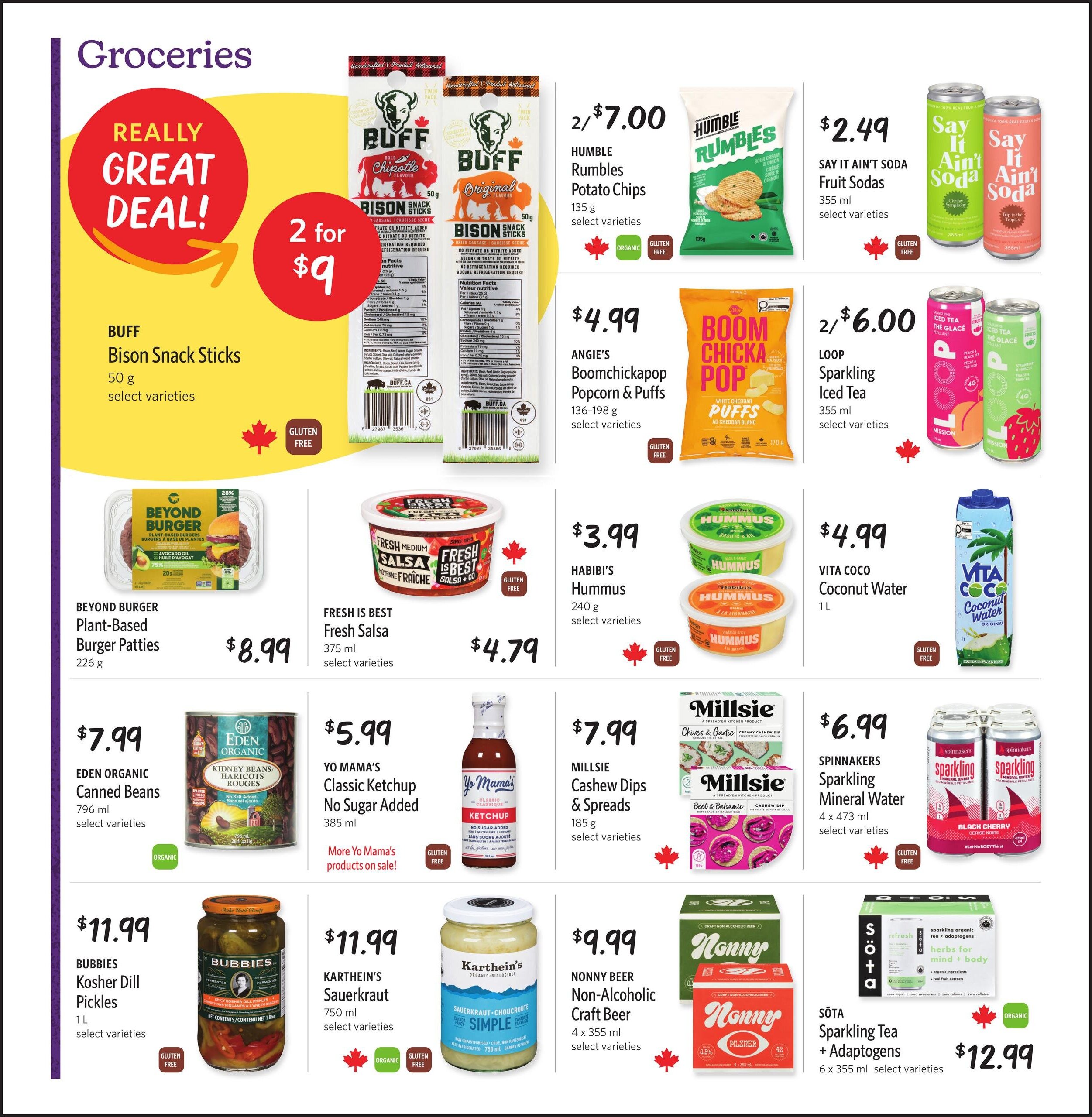 Nature's Fare Markets flyer page 3 features a variety of grocery items. A special deal offers 2 for $9 on BUFF Bison Snack Sticks, 50 g, in select varieties. Other deals include HUMBLE Rumbles Potato Chips, 135 g, for 2/$7.00; ANGIE'S Boomchickapop Popcorn & Puffs, 136-198 g, for $4.99; SAY IT AIN'T SODA Fruit Sodas, 355 ml, for $2.49; and LOOP Sparkling Iced Tea, 355 ml, for 2/$6.00. BEYOND BURGER Plant-Based Burger Patties, 226 g, are $8.99. FRESH IS BEST Fresh Salsa, 375 ml, is $4.79. HABIBI'S Hummus, 240 g, is $3.99, and VITA COCO Coconut Water, 1 L, is $4.99. EDEN ORGANIC Canned Beans, 796 ml, are $7.99. YO MAMA'S Classic Ketchup No Sugar Added, 385 ml, is $5.99. MILLSIE Cashew Dips & Spreads, 185 g, are $7.99. SPINNAKERS Sparkling Mineral Water, 4 x 473 ml, is $6.99. BUBBIES Kosher Dill Pickles, 1 L, are $11.99. KARTHEIN'S Sauerkraut, 750 ml, is $11.99. NONNY BEER Non-Alcoholic Craft Beer, 4 x 355 ml, is $9.99. SOTA Sparkling Tea + Adaptogens, 6 x 355 ml, is $12.99. Many items are gluten-free and organic.