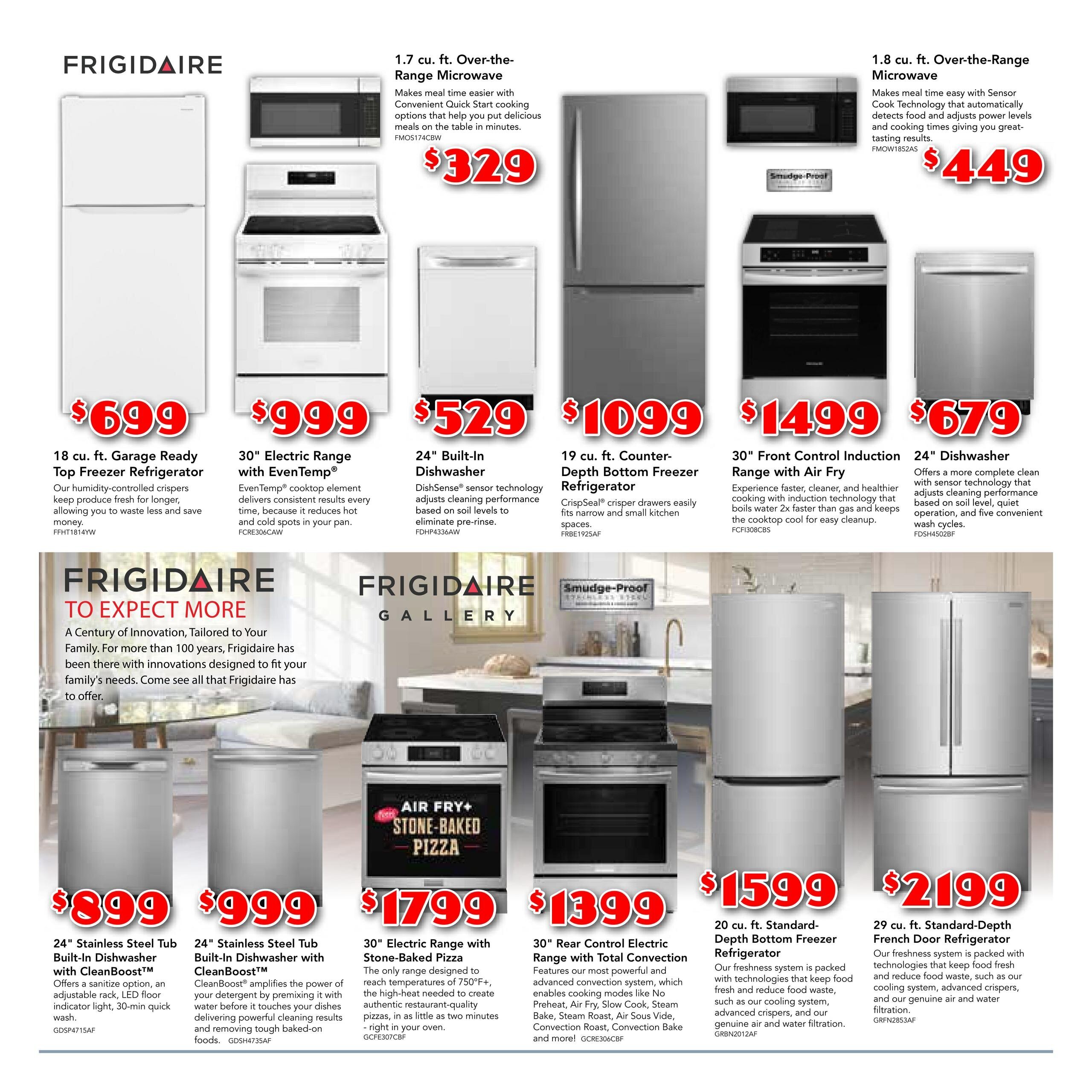 Ray James Appliances flyer, page 2. Featured Frigidaire appliances include: 1.7 cu. ft. Over-the-Range Microwave for $329, 1.8 cu. ft. Over-the-Range Microwave for $449. Also available: 18 cu. ft. Garage Ready Top Freezer Refrigerator for $699, 30' Electric Range with EvenTemp for $999, 24' Built-In Dishwasher for $529, 19 cu. ft. Counter-Depth Bottom Freezer Refrigerator for $1099, 30' Front Control Induction Range with Air Fry for $1499, and a 24' Dishwasher for $679. The bottom section showcases Frigidaire Gallery appliances: 24' Stainless Steel Tub Built-In Dishwasher with CleanBoost for $899, another 24' Stainless Steel Tub Built-In Dishwasher with CleanBoost for $999, 30' Electric Range with Stone-Baked Pizza for $1799, 30' Rear Control Electric Range with Total Convection for $1399, 20 cu. ft. Standard-Depth Bottom Freezer Refrigerator for $1599, and a 29 cu. ft. Standard-Depth French Door Refrigerator for $2199.