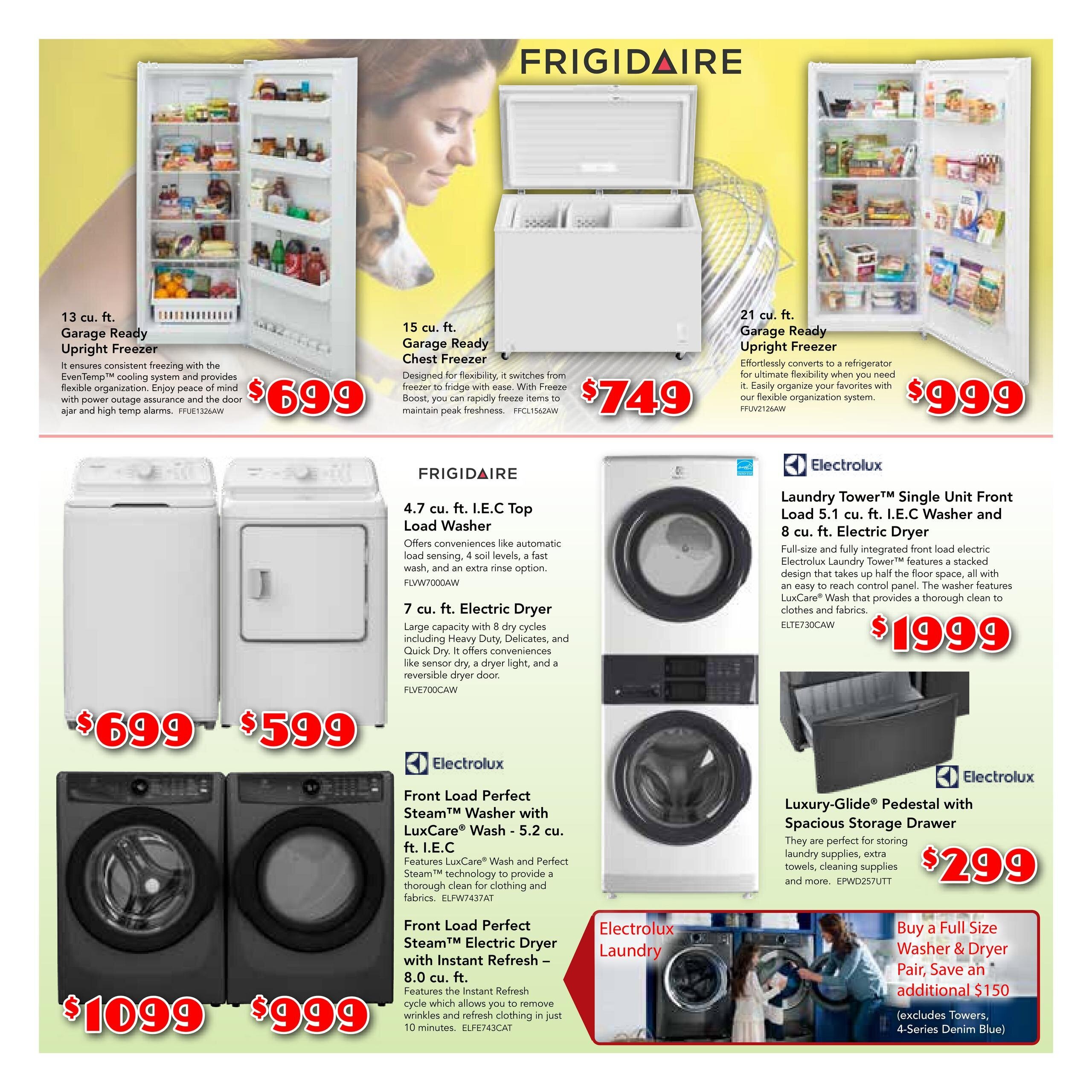 Page 3 of the Ray James Appliances flyer features a selection of Frigidaire and Electrolux appliances. Top row includes a 13 cu. ft. Garage Ready Upright Freezer for $699, a 15 cu. ft. Garage Ready Chest Freezer for $749, and a 21 cu. ft. Garage Ready Upright Freezer for $999. Middle row showcases a Frigidaire 4.7 cu. ft. I.E.C Top Load Washer for $699 and a 7 cu. ft. Electric Dryer for $599. Also featured is an Electrolux Laundry Tower™ Single Unit Front Load 5.1 cu. ft. I.E.C Washer and 8 cu. ft. Electric Dryer for $1999. Bottom row displays an Electrolux Front Load Perfect Steam™ Washer with LuxCare® Wash for $1099 and an Electrolux Front Load Perfect Steam™ Electric Dryer with Instant Refresh for $999. An Electrolux Luxury-Glide® Pedestal with Spacious Storage Drawer is available for $299. A special offer allows saving an additional $150 when buying a full-size washer and dryer pair (excludes Towers, 4-Series Denim Blue).