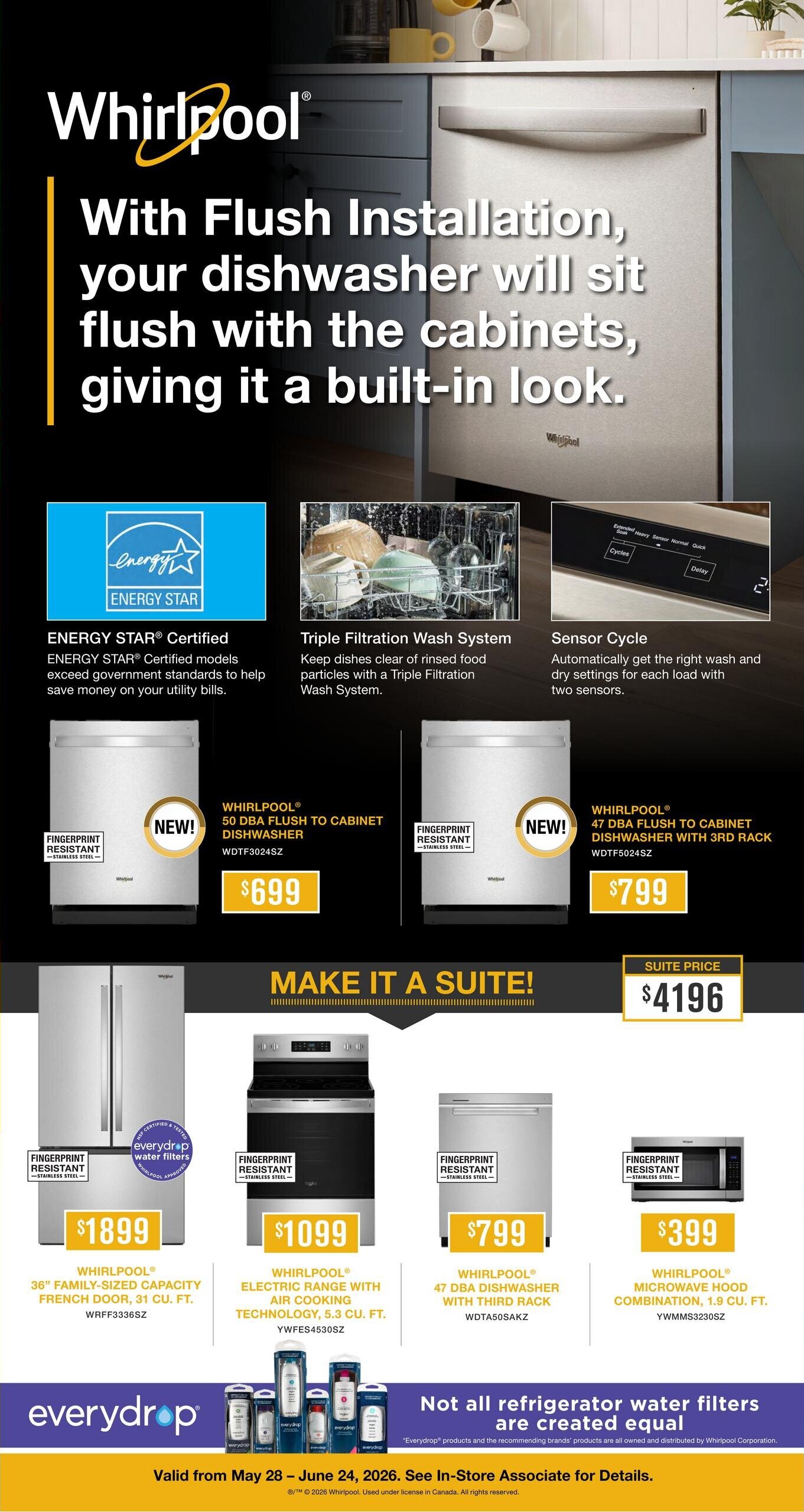 K-W Appliance Plus flyer specials page 2. Features Whirlpool dishwashers with flush installation for a built-in look. Includes ENERGY STAR certification and Triple Filtration Wash System details. On sale: Whirlpool 50 dBA flush to cabinet dishwasher for $699 and Whirlpool 47 dBA flush to cabinet dishwasher with 3rd rack for $799. Also featured is a Whirlpool suite package for $4196. Additional appliances include a Whirlpool 36' family-sized capacity French door refrigerator for $1899, a Whirlpool electric range with air cooking technology for $1099, and a Whirlpool microwave hood combination for $399. The flyer is valid from May 28 - June 24, 2026.