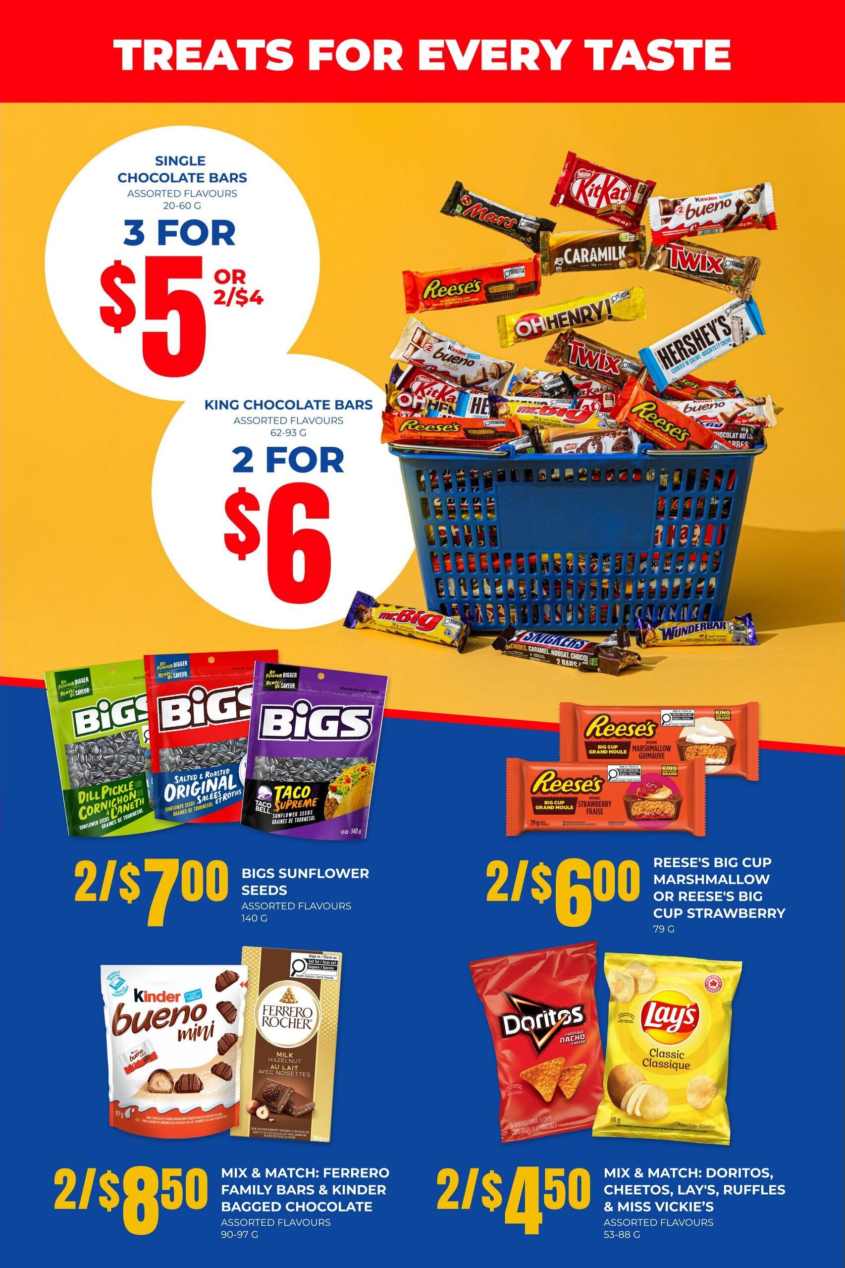 On the Run flyer page 4 features a variety of treats. Single chocolate bars are 3 for $5 or 2 for $4. King chocolate bars are 2 for $6. Bigs Sunflower Seeds in Dill Pickle, Original Salted, and Taco Supreme flavours are 2 for $7.00. Reese's Big Cup Marshmallow or Reese's Big Cup Strawberry are 2 for $6.00. Mix & Match Ferrero Family Bars and Kinder Bueno Bagged Chocolate are 2 for $8.50. Mix & Match Doritos, Cheetos, Lay's, Ruffles & Miss Vickie's are 2 for $4.50.