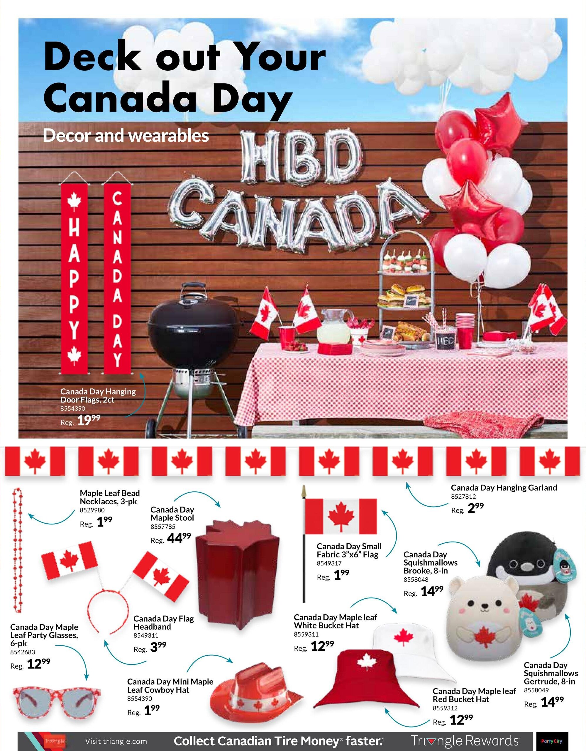 Party City flyer page 2 features Canada Day decor and wearables. Highlights include Canada Day Hanging Door Flags, 2ct for $19.99, Maple Leaf Bead Necklaces, 3-pk for $1.99, Canada Day Maple Leaf Party Glasses, 6-pk for $12.99, Canada Day Maple Stool for $44.99, Canada Day Flag Headband for $3.99, Canada Day Mini Maple Leaf Cowboy Hat for $1.99, Canada Day Small Fabric 3'x6' Flag for $1.99, Canada Day Maple leaf White Bucket Hat for $12.99, Canada Day Maple leaf Red Bucket Hat for $12.99, Canada Day Hanging Garland for $2.99, Canada Day Squishmallows Brooke, 8-in for $14.99, and Canada Day Squishmallows Gertrude, 8-in for $14.99. The page also displays 'HBD CANADA' balloons and a festive table setting.