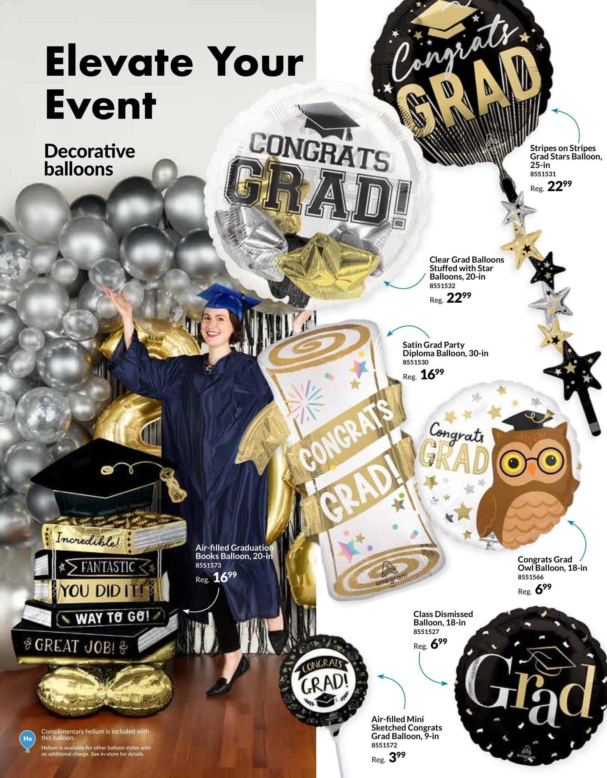 Party City flyer page 3 showcases decorative graduation balloons. Featured items include a Stripes on Stripes Grad Stars Balloon, 25-in, for $22.99; Clear Grad Balloons Stuffed with Star Balloons, 20-in, for $22.99; a Satin Grad Party Diploma Balloon, 30-in, for $16.99; Air-filled Graduation Books Balloon, 20-in, for $16.99; Congrats Grad Owl Balloon, 18-in, for $6.99; Class Dismissed Balloon, 18-in, for $6.99; and an Air-filled Mini Sketched Congrats Grad Balloon, 9-in, for $3.99. The page also highlights complimentary helium for select balloons.