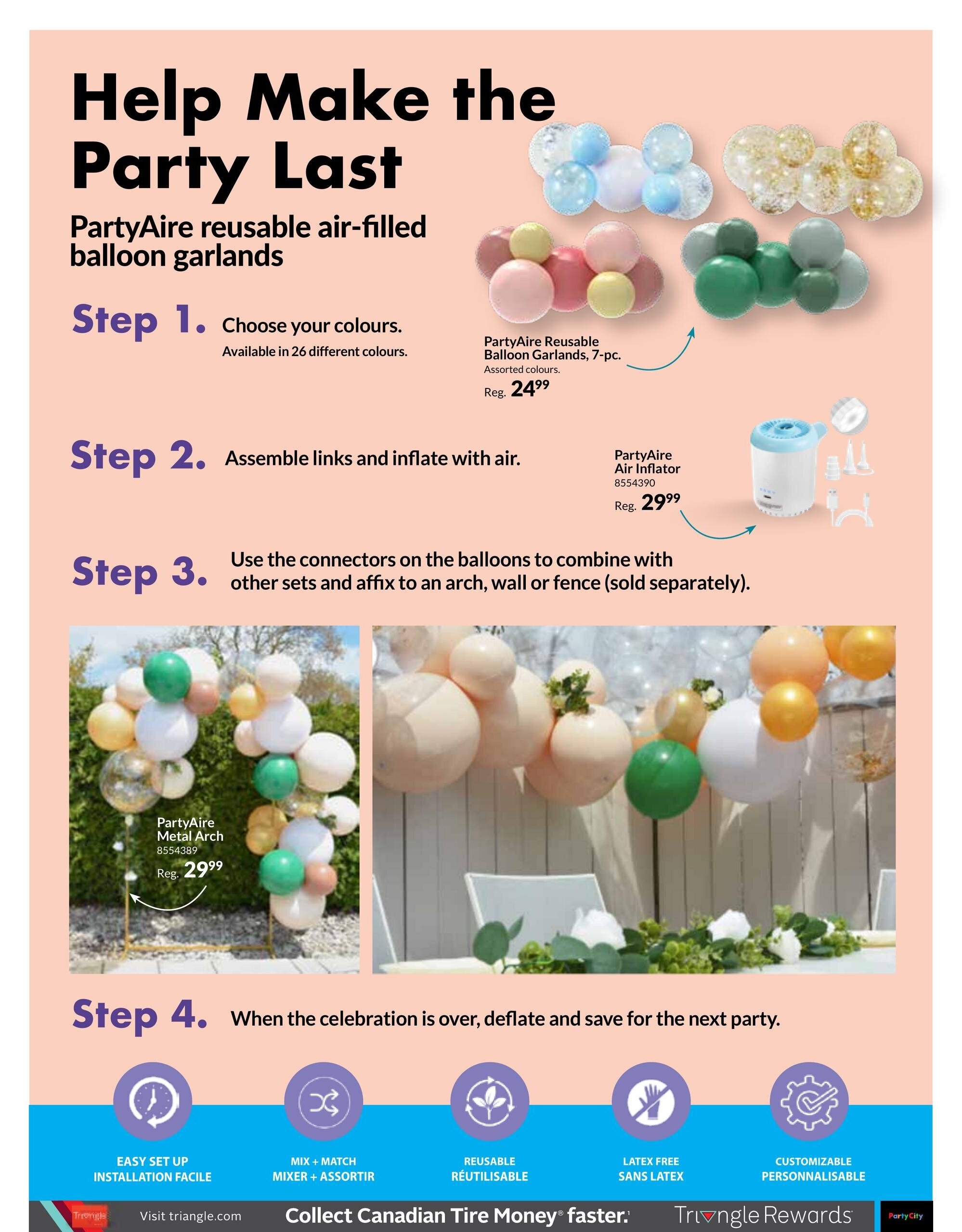 Party City flyer page 5 showcasing PartyAire reusable air-filled balloon garlands. The page details a 4-step process for creating balloon decorations. Featured products include PartyAire Reusable Balloon Garlands, 7-pc, assorted colours, for a regular price of $24.99, and the PartyAire Air Inflator for $29.99. Also shown is the PartyAire Metal Arch for $29.99. The page highlights features such as easy set up, mix and match options, reusability, being latex-free, and customizable designs. The bottom of the page includes information about collecting Canadian Tire Money faster with Triangle Rewards.