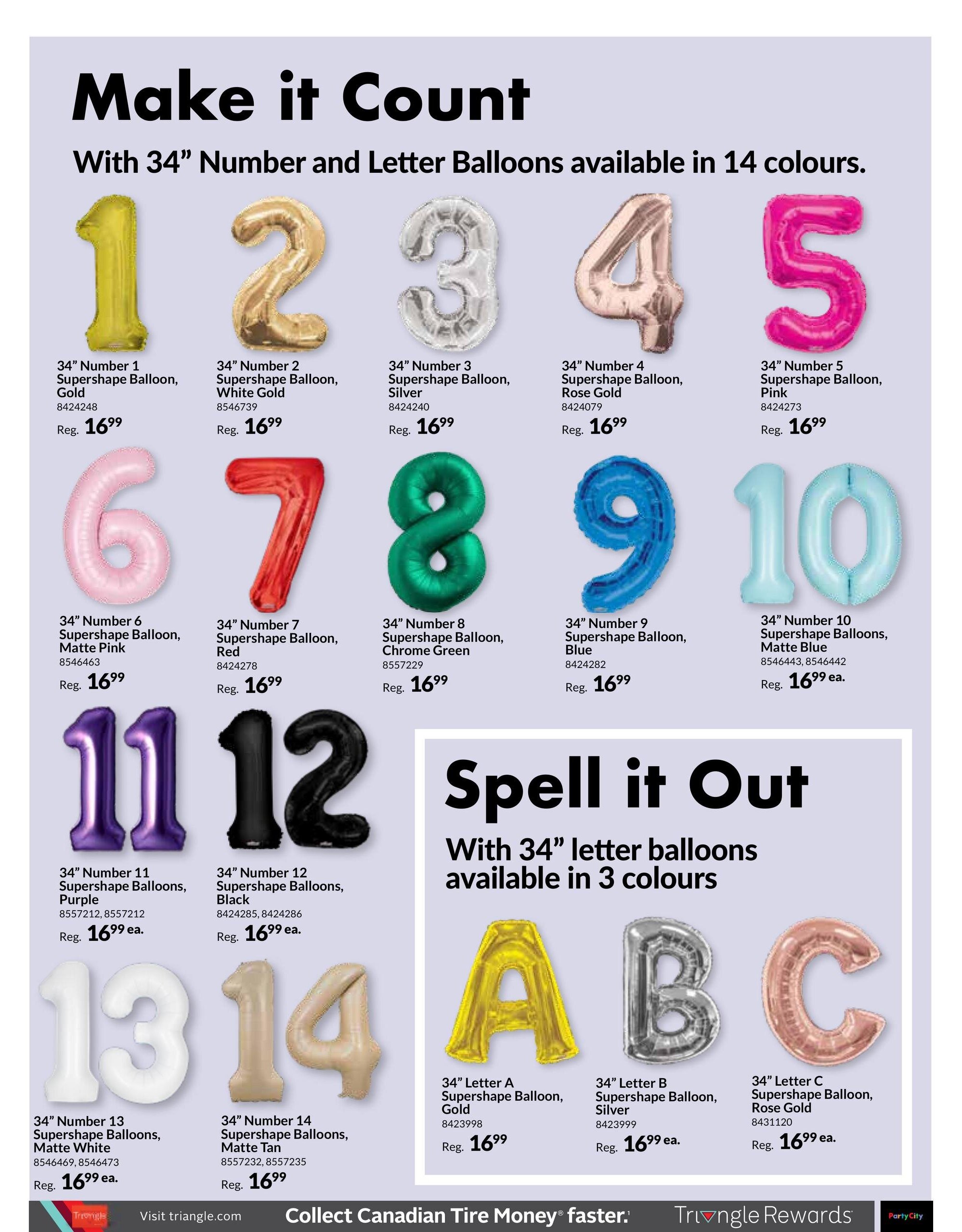 Party City flyer page 7 features 34-inch supershape balloons in various numbers and letters. Available numbers include 1 (Gold), 2 (White Gold), 3 (Silver), 4 (Rose Gold), 5 (Pink), 6 (Matte Pink), 7 (Red), 8 (Chrome Green), 9 (Blue), 10 (Matte Blue), 11 (Purple), 12 (Black), 13 (Matte White), and 14 (Matte Tan). All number balloons are priced at a regular $16.99 each. The page also highlights 34-inch letter balloons: Letter A (Gold), Letter B (Silver), and Letter C (Rose Gold), each priced at a regular $16.99 or $16.99 ea.