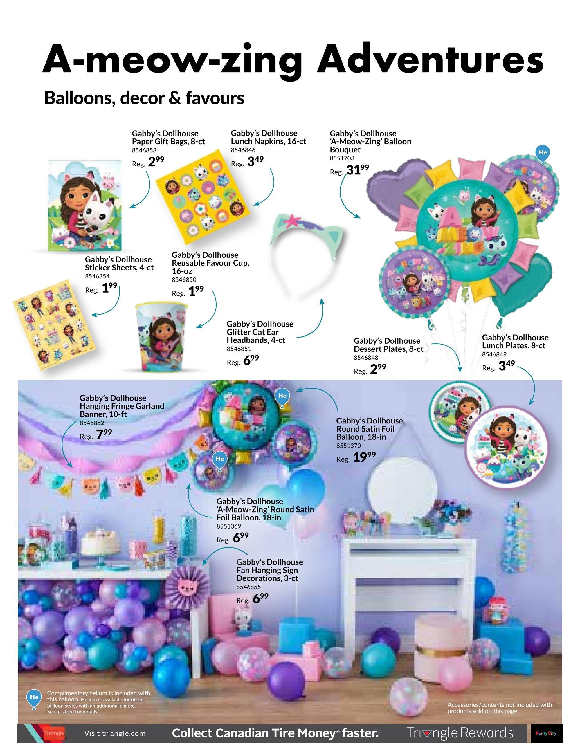 Party City flyer page 9 features 'A-meow-zing Adventures' themed balloons, decor, and favours. Products include Gabby's Dollhouse Paper Gift Bags, 8-ct for $2.99, Gabby's Dollhouse Reusable Favour Cup, 16-oz for $1.99, Gabby's Dollhouse Sticker Sheets, 4-ct for $1.99, Gabby's Dollhouse Lunch Napkins, 16-ct for $3.49, Gabby's Dollhouse Glitter Cat Ear Headbands, 4-ct for $6.99, Gabby's Dollhouse Dessert Plates, 8-ct for $2.99, Gabby's Dollhouse 'A-Meow-Zing' Balloon Bouquet for $31.99, Gabby's Dollhouse Round Satin Foil Balloon, 18-in for $19.99, Gabby's Dollhouse Hanging Fringe Garland, 10-ft for $7.99, and Gabby's Dollhouse 'A-Meow-Zig' Round Satin Foil Balloon, 18-in for $6.99. Also shown are Gabby's Dollhouse Fan Hanging Sign Decorations, 3-ct for $6.99. Complimentary helium is included with select balloons. Accessories and contents not included with products sold on this page.