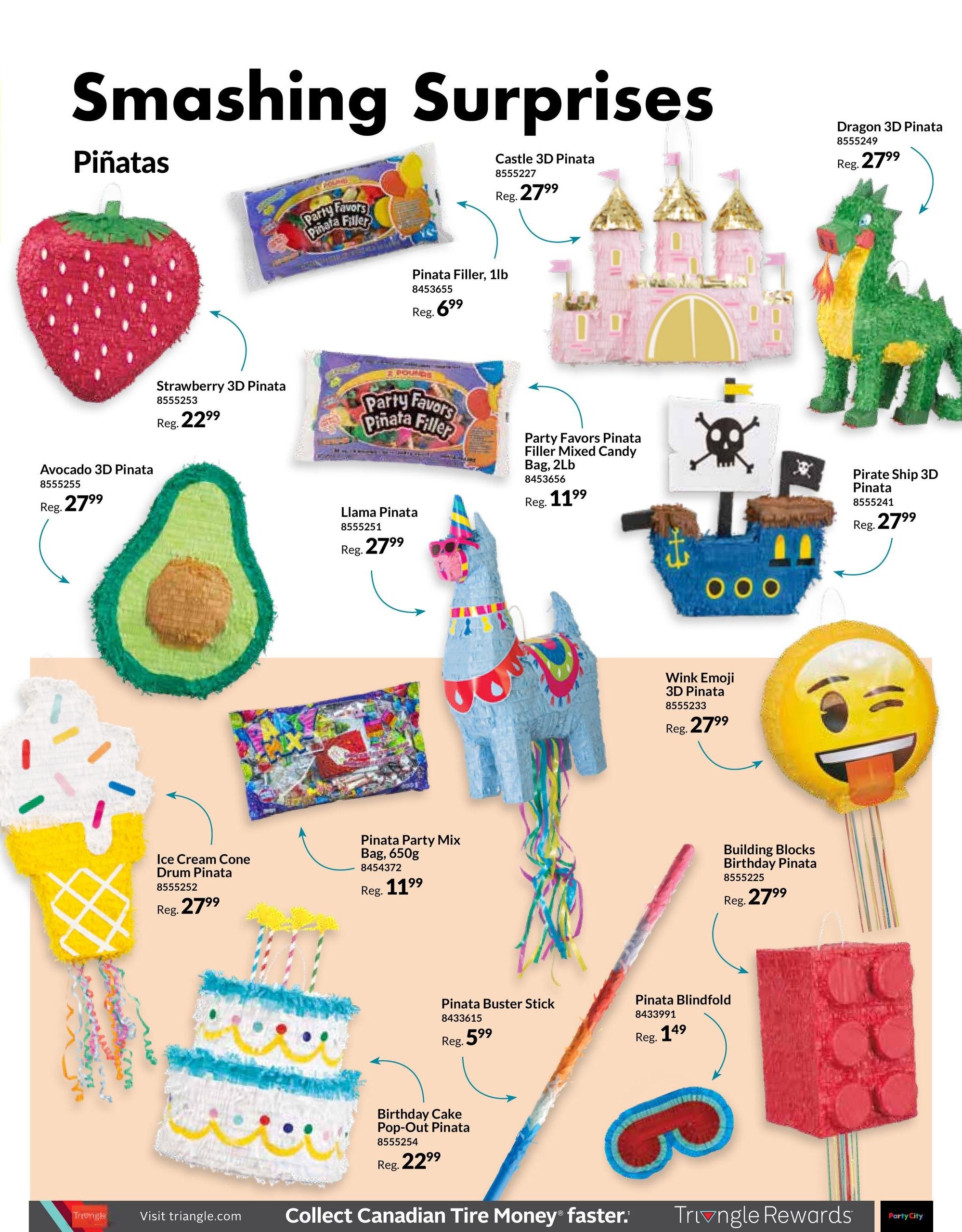 Party City flyer page featuring a variety of piñatas and party supplies. Pictured are a Strawberry 3D Piñata for $22.99, an Avocado 3D Piñata for $27.99, and an Ice Cream Cone Drum Piñata for $27.99. Also available are a Castle 3D Piñata for $27.99, a Dragon 3D Piñata for $27.99, a Pirate Ship 3D Piñata for $27.99, a Llama Piñata for $27.99, and a Wink Emoji 3D Piñata for $27.99. A Birthday Cake Pop-Out Piñata is priced at $22.99. Party favor piñata fillers are shown, including a 1lb bag for $6.99 and a 2lb mixed candy bag for $11.99. A Piñata Party Mix Bag (650g) is $11.99. Accessories include a Pinata Buster Stick for $5.99 and a Pinata Blindfold for $1.49. The page title is 'Smashing Surprises'.