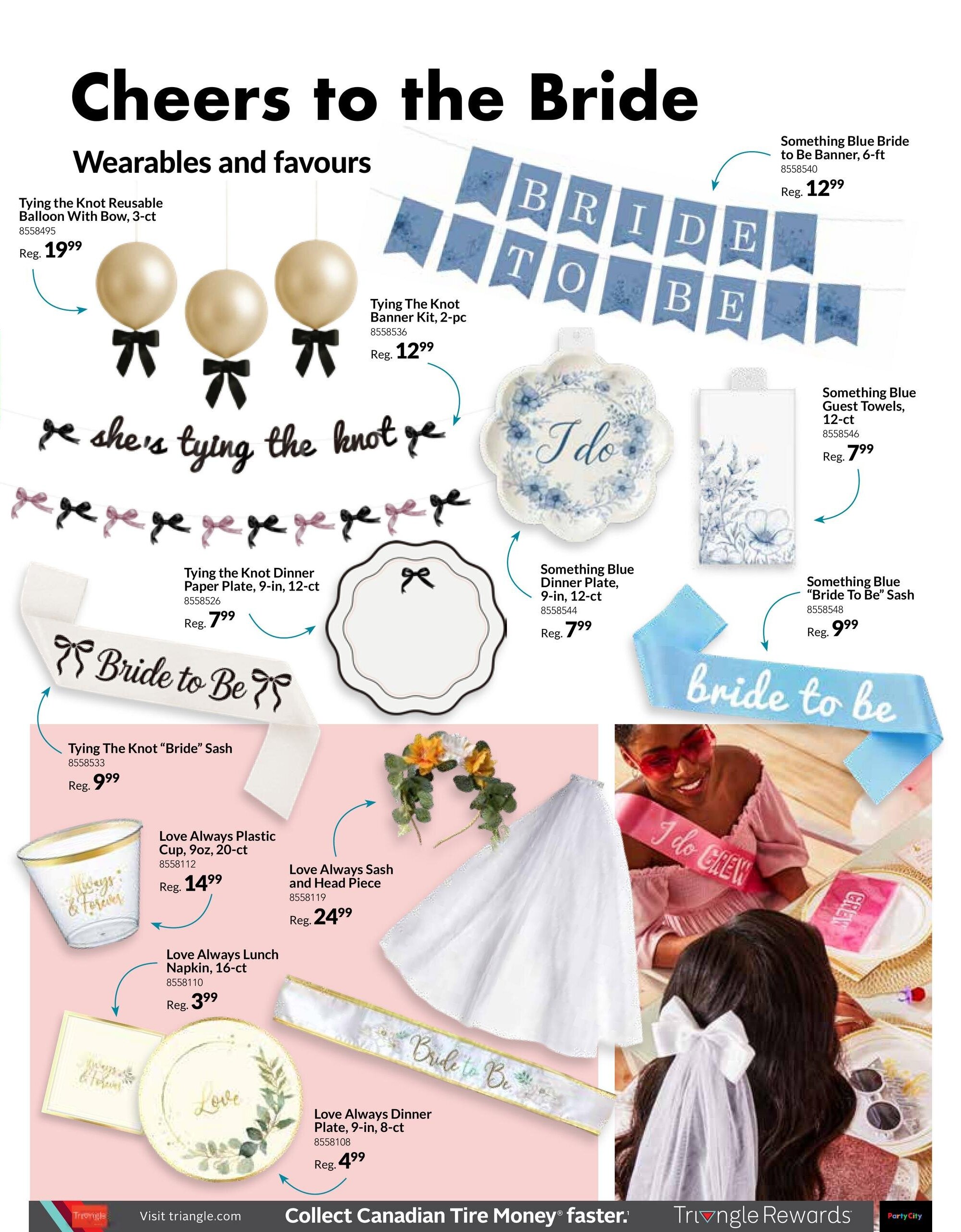 Party City flyer page 12, featuring wedding and bridal shower decorations and accessories. Items include Tying the Knot Reusable Balloon With Bow, 3-ct for $19.99, Tying The Knot Banner Kit, 2-pc for $12.99, Something Blue Bride to Be Banner, 6-ft for $12.99, Something Blue Guest Towels, 12-ct for $7.99, Tying the Knot Dinner Paper Plate, 9-in, 12-ct for $7.99, Something Blue Dinner Plate, 9-in, 12-ct for $7.99, Something Blue 'Bride To Be' Sash for $9.99, Tying The Knot 'Bride' Sash for $9.99, Love Always Plastic Cup, 9oz, 20-ct for $14.99, Love Always Sash and Head Piece for $24.99, Love Always Lunch Napkin, 16-ct for $3.99, and Love Always Dinner Plate, 9-in, 8-ct for $4.99. The page has a 'Cheers to the Bride' theme with 'Wearables and favours' highlighted.