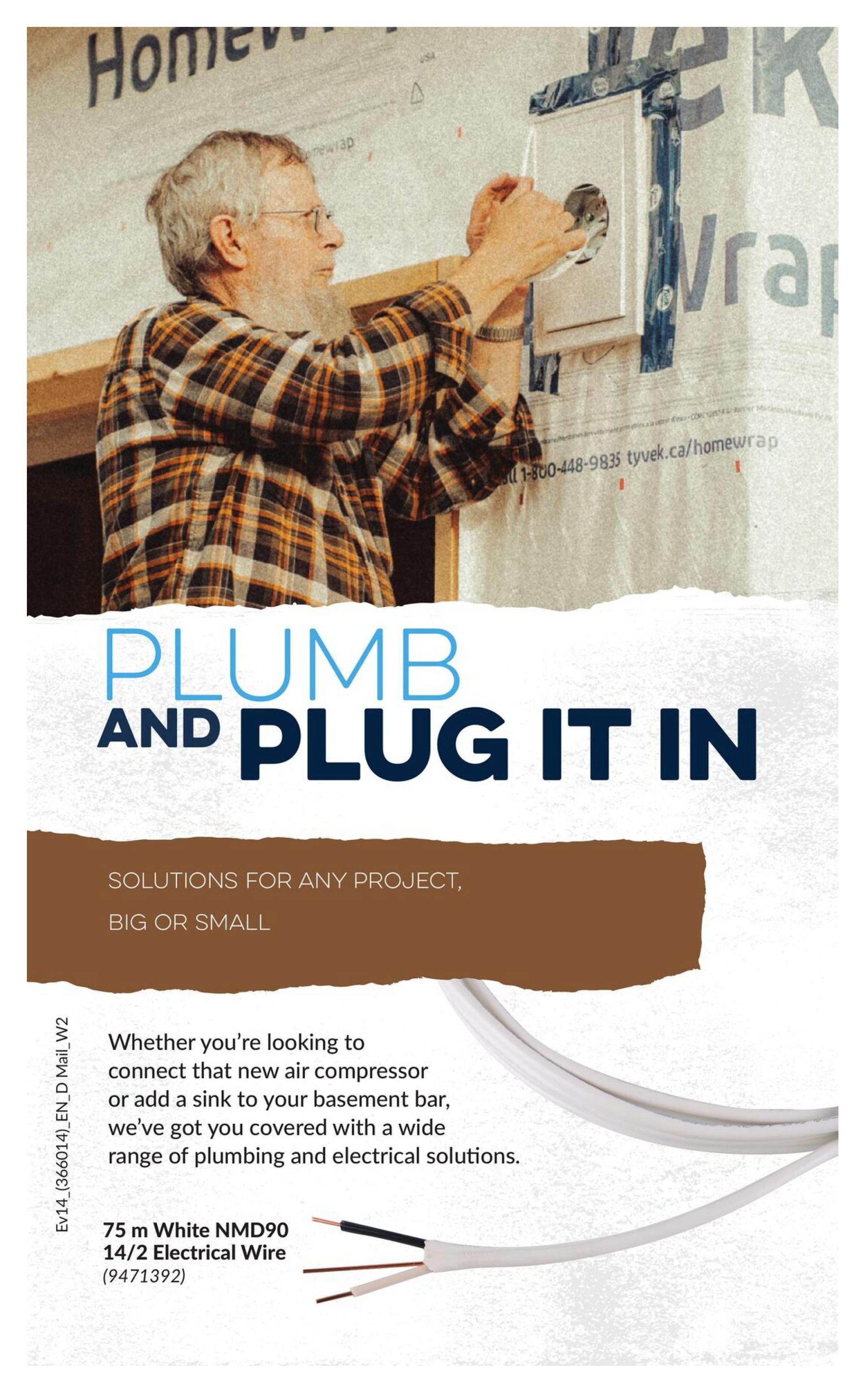 Princess Auto flyer page 5 features 'Plumb and Plug It In' solutions for any project, big or small. The page highlights a 75 m White NMD90 14/2 Electrical Wire (9471392) and offers a wide range of plumbing and electrical solutions for projects like connecting an air compressor or adding a sink.