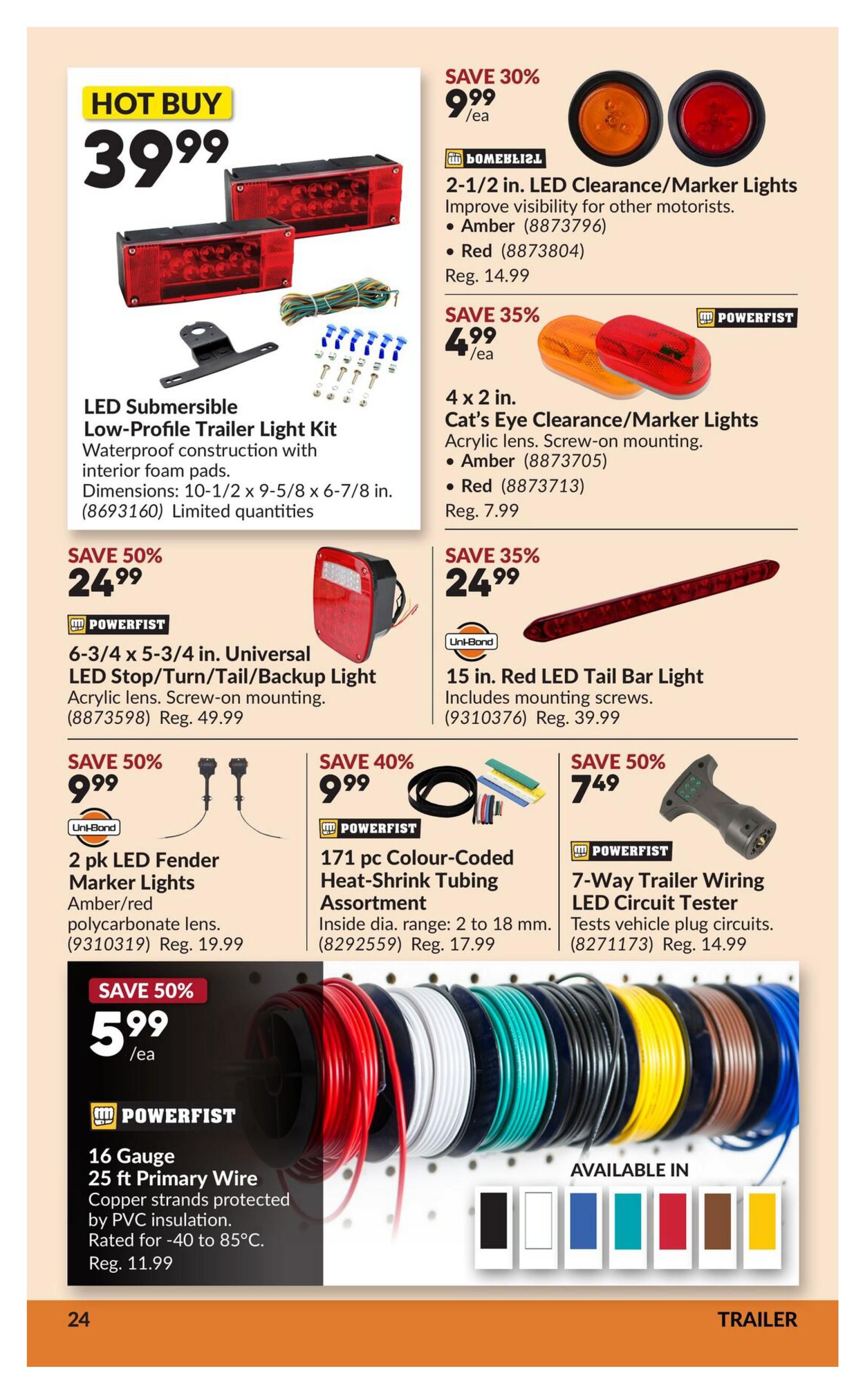 Princess Auto flyer specials page 29 features a hot buy LED Submersible Low-Profile Trailer Light Kit for $39.99, with waterproof construction and interior foam pads. Other featured items include 2-1/2 in. LED Clearance/Marker Lights in Amber or Red for $9.99 (save 30%), 4 x 2 in. Cat's Eye Clearance/Marker Lights in Amber or Red for $4.99 (save 35%), a 6-3/4 x 5-3/4 in. Universal LED Stop/Turn/Tail/Backup Light for $24.99 (save 50%), a 15 in. Red LED Tail Bar Light for $24.99 (save 35%), 2 pk LED Fender Marker Lights in Amber/Red for $9.99 (save 50%), a 171 pc Colour-Coded Heat-Shrink Tubing Assortment for $9.99 (save 40%), a 7-Way Trailer Wiring LED Circuit Tester for $7.49 (save 50%), and 16 Gauge 25 ft Primary Wire for $5.99 (save 50%). The wire is copper stranded, protected by PVC insulation, and rated for -40 to 85°C.