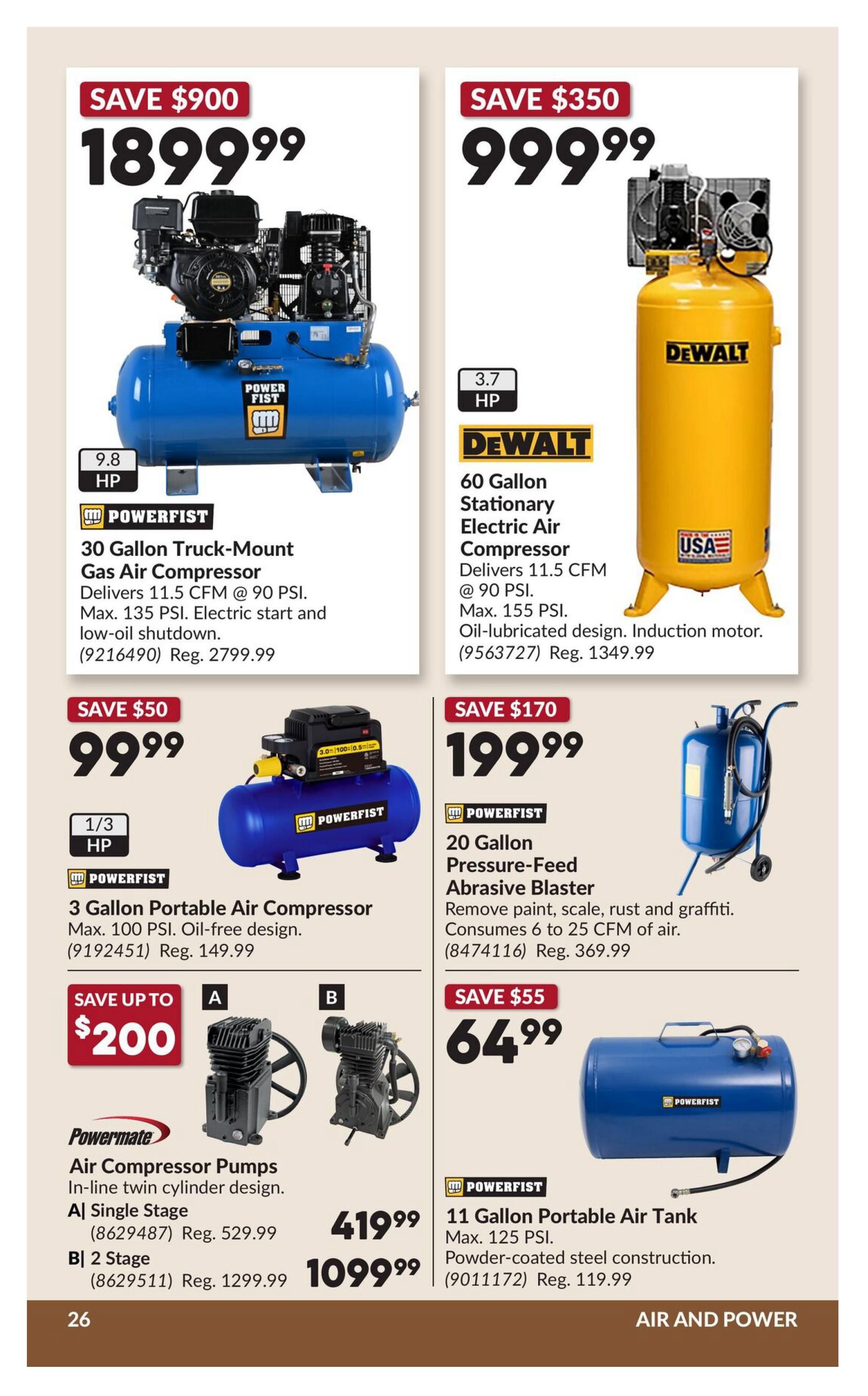 Princess Auto flyer specials page 31 features air compressors and related equipment. A Power Fist 30 Gallon Truck-Mount Gas Air Compressor is on sale for $1899.99, saving $900. It delivers 11.5 CFM @ 90 PSI, has a max of 135 PSI, and features electric start and low-oil shutdown. A DeWalt 60 Gallon Stationary Electric Air Compressor is priced at $999.99, saving $350. This 3.7 HP compressor delivers 11.5 CFM @ 90 PSI, has a max of 155 PSI, and features an oil-lubricated design with an induction motor. Also featured is a Power Fist 3 Gallon Portable Air Compressor for $99.99, saving $50. This 1/3 HP compressor has a max of 100 PSI and an oil-free design. A Power Fist 20 Gallon Pressure-Feed Abrasive Blaster is available for $199.99, saving $170. It removes paint, scale, rust and graffiti, consuming 6 to 25 CFM of air. Powermate Air Compressor Pumps are shown with a save up to $200 offer: the A) Single Stage pump is $419.99 (Reg. $529.99) and the B) 2 Stage pump is $1099.99 (Reg. $1299.99). Finally, a Power Fist 11 Gallon Portable Air Tank is priced at $64.99, saving $55. It has a max of 125 PSI and powder-coated steel construction.
