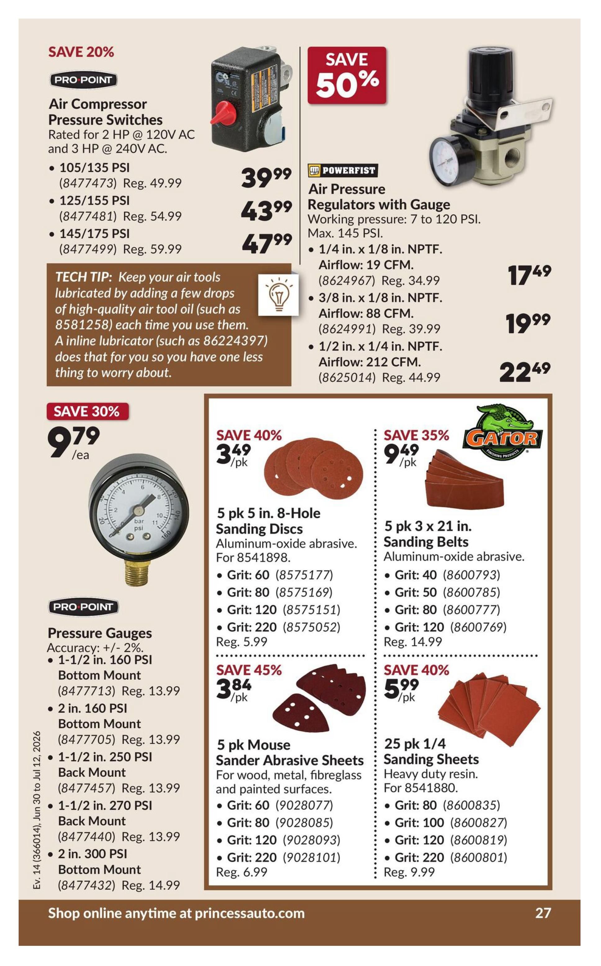 Princess Auto flyer page 32 featuring various air tools and accessories. Save 20% on Pro Point Air Compressor Pressure Switches, with prices starting at $39.99 for 105/135 PSI, $43.99 for 125/155 PSI, and $47.99 for 145/175 PSI. A tech tip advises on lubricating air tools. Save 50% on Powerfist Air Pressure Regulators with Gauge, available for $17.49, $19.99, and $22.49 depending on airflow specifications. Save 30% on Pro Point Pressure Gauges, with a 1-1/2 in. 160 PSI Bottom Mount priced at $9.79, and other models available. Also featured are 5 pk 8-Hole Sanding Discs in aluminum-oxide abrasive for $3.49/pk with various grits (60, 80, 120, 220). Save 35% on 5 pk 3 x 21 in. Sanding Belts for $9.49/pk with grits 40, 50, 80, and 120. Save 45% on 5 pk Mouse Sander Abrasive Sheets for $3.84/pk, suitable for wood, metal, fibreglass, and painted surfaces, with grits 60, 80, 120, and 220. Finally, save 40% on 25 pk 1/4 in. Sanding Sheets for $5.99/pk, designed for heavy-duty resin use, with grits 80, 100, 120, and 220. Shop online at princessauto.com.