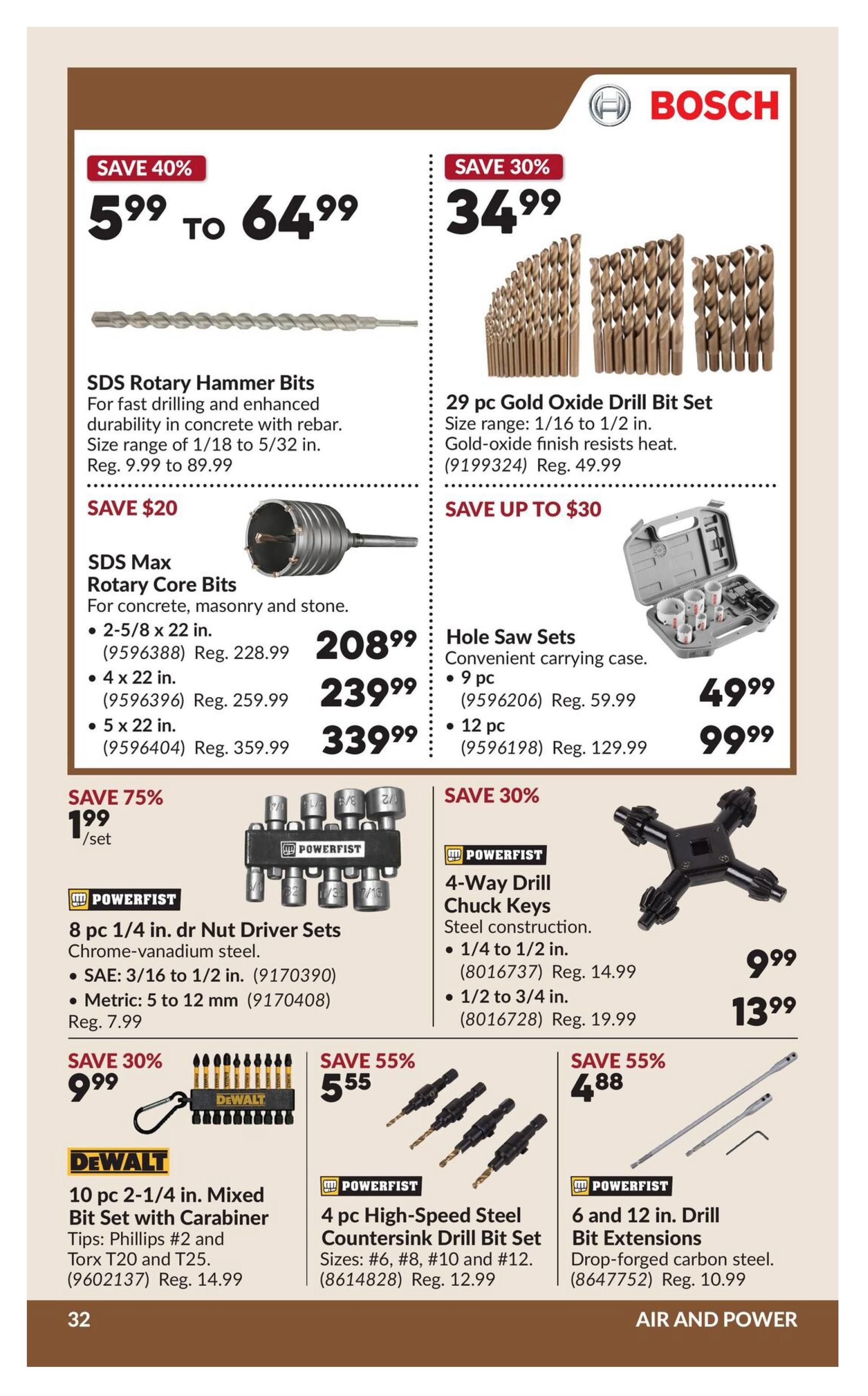 Princess Auto flyer specials page 37 features a variety of drill bits and accessories. Top left: SDS Rotary Hammer Bits, save 40%, priced from $5.99 to $64.99, regular price $9.99 to $89.99. Middle left: SDS Max Rotary Core Bits for concrete, masonry, and stone, available in 2-5/8 x 22 in. for $208.99 (reg. $228.99), 4 x 22 in. for $239.99 (reg. $259.99), and 5 x 22 in. for $339.99 (reg. $359.99). Bottom left: Powerfist 8 pc 1/4 in. dr Nut Driver Sets in chrome-vanadium steel, SAE: 3/16 to 1/2 in. for $1.99/set (save 75%, reg. $7.99). Bottom middle: Dewalt 10 pc 2-1/4 in. Mixed Bit Set with Carabiner, including Phillips #2 and Torx T20 and T25, for $9.99 (save 30%, reg. $14.99). Top right: Bosch 29 pc Gold Oxide Drill Bit Set, size range 1/16 to 1/2 in., gold-oxide finish resists heat, save up to $30, priced at $34.99 (reg. $49.99). Middle right: Hole Saw Sets with convenient carrying case, available in 9 pc for $49.99 (reg. $59.99) and 12 pc for $99.99 (reg. $129.99). Bottom right: Powerfist 4-Way Drill Chuck Keys, steel construction, 1/4 to 1/2 in. for $9.99 (save 30%, reg. $14.99) and 1/2 to 3/4 in. for $13.99 (reg. $19.99). Below that: Powerfist 4 pc High-Speed Steel Countersink Drill Bit Set, sizes #6, #8, #10 and #12, save 55%, priced at $5.55 (reg. $12.99). Far right: Powerfist 6 and 12 in. Drill Bit Extensions, drop-forged carbon steel, save 55%, priced at $4.88 (reg. $10.99). The page footer reads 'AIR AND POWER'.
