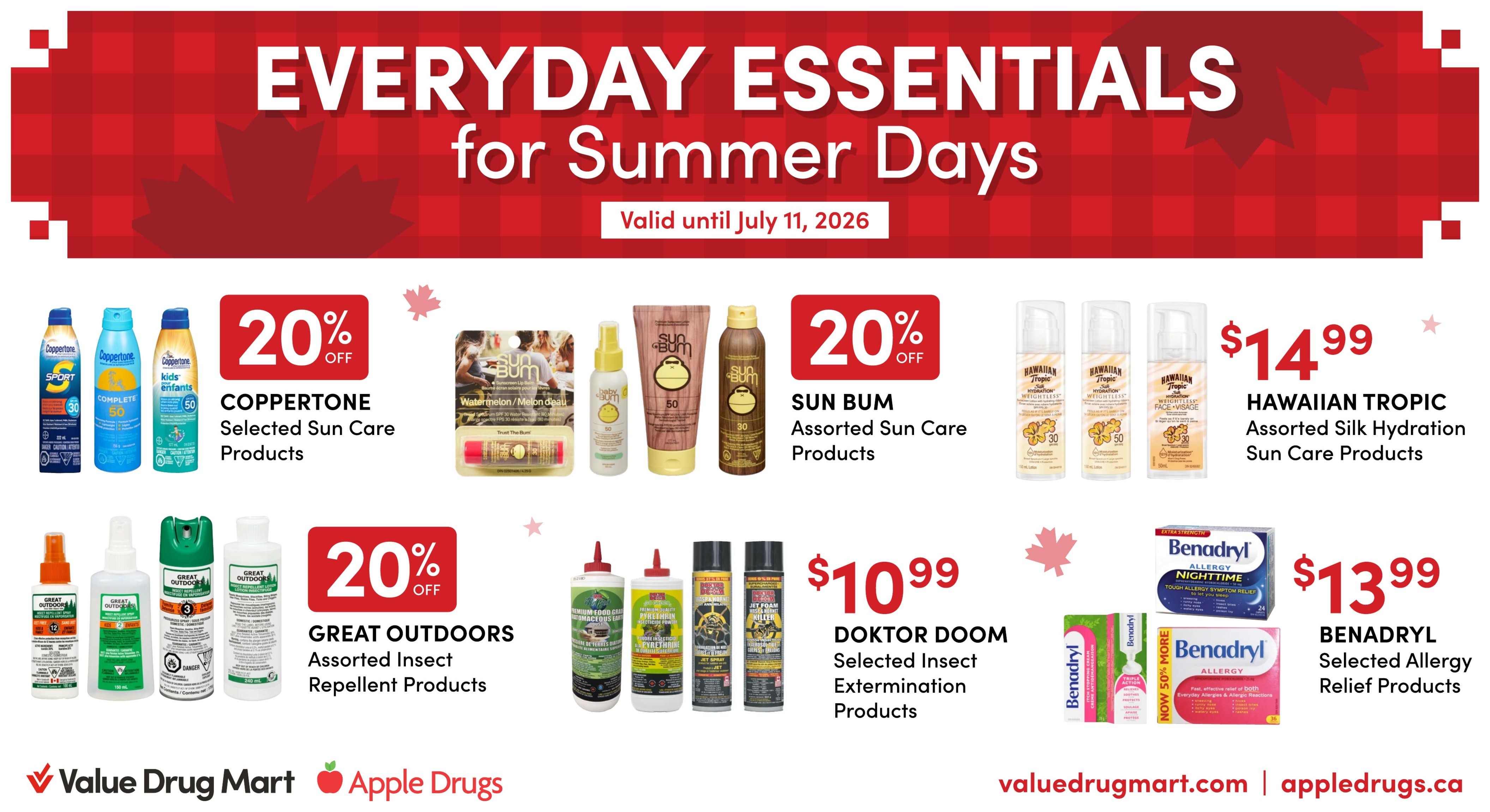 Apple Drugs flyer page 2, featuring Canada Day celebration snacks. La Cocina Assorted Tortilla Chips 200g-400g are $3.99. Jelly Belly, Mike and Ike, Nerds or SweeTarts Assorted Candy 100g-170g are 2 for $5.00. Sparkling Ice Assorted Flavours 503ml are 2 for $3.00. Excel Assorted Gum 40's-60's is $5.99. Western Family Assorted Candy or Bars are 2 for $7.00. Zoraw Assorted No Added Sugar Chocolate Bars 52g are 2 for $7.00. Kellogg's Cheez-It Crackers, Keebler Crackers, Nutri-Grain Bars, Pop Tarts, Rice Krispies Squares, Pringles or Special K Crisps are 2 for $7.00. The flyer is valid from June 28 to July 11, 2026.