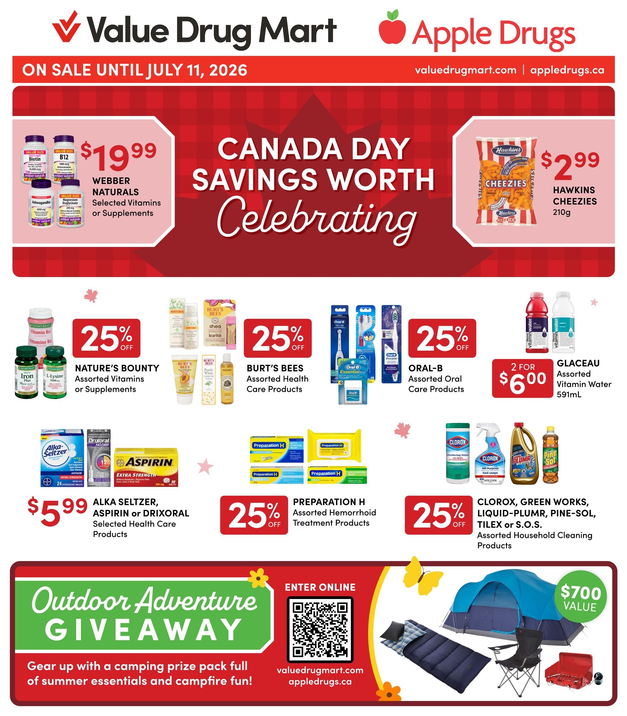 Apple Drugs flyer page featuring 'Everyday Essentials for Summer Days' valid until July 11, 2026. Offers include 20% off Coppertone Selected Sun Care Products, 20% off Sun Bum Assorted Sun Care Products, and Hawaiian Tropic Assorted Silk Hydration Sun Care Products for $14.99. Also featured are 20% off Great Outdoors Assorted Insect Repellent Products, Doktor Doom Selected Insect Extermination Products for $10.99, and Benadryl Selected Allergy Relief Products for $13.99. The page also displays the Value Drug Mart and Apple Drugs logos.