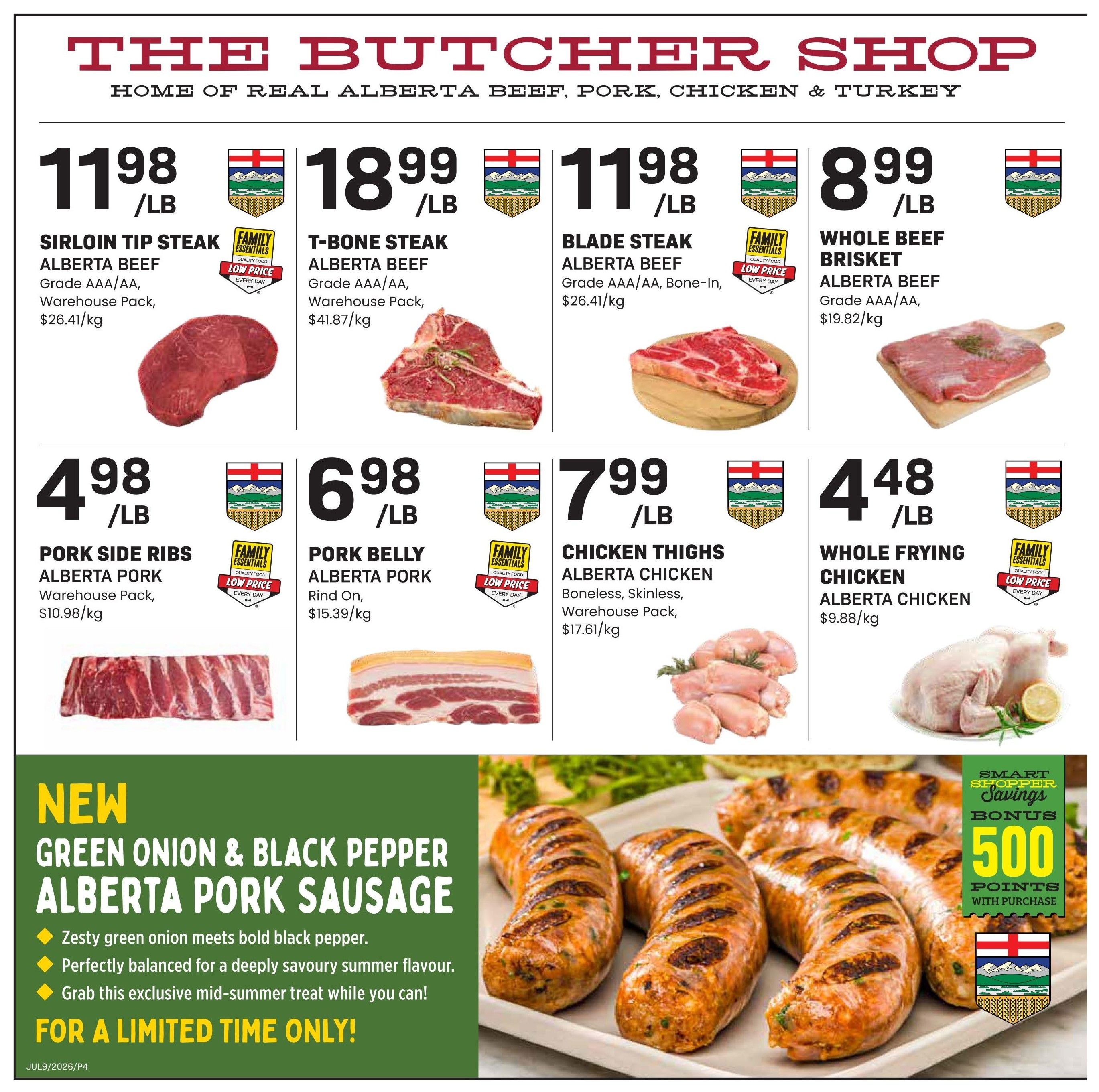 The Butcher Shop flyer page 4 featuring Alberta Beef Sirloin Tip Steak at $11.98/lb, T-Bone Steak at $18.99/lb, Blade Steak at $11.98/lb, and Whole Beef Brisket at $8.99/lb. Also available are Alberta Pork Side Ribs for $4.98/lb, Alberta Pork Belly Rind On for $6.98/lb, Alberta Chicken Thighs for $7.99/lb, and Whole Frying Chicken for $4.48/lb. A new limited-time offer features Green Onion & Black Pepper Alberta Pork Sausage, described as zesty with bold black pepper and a deeply savoury summer flavour. This section also highlights a Smart Shopper Savings bonus of 500 points with purchase.