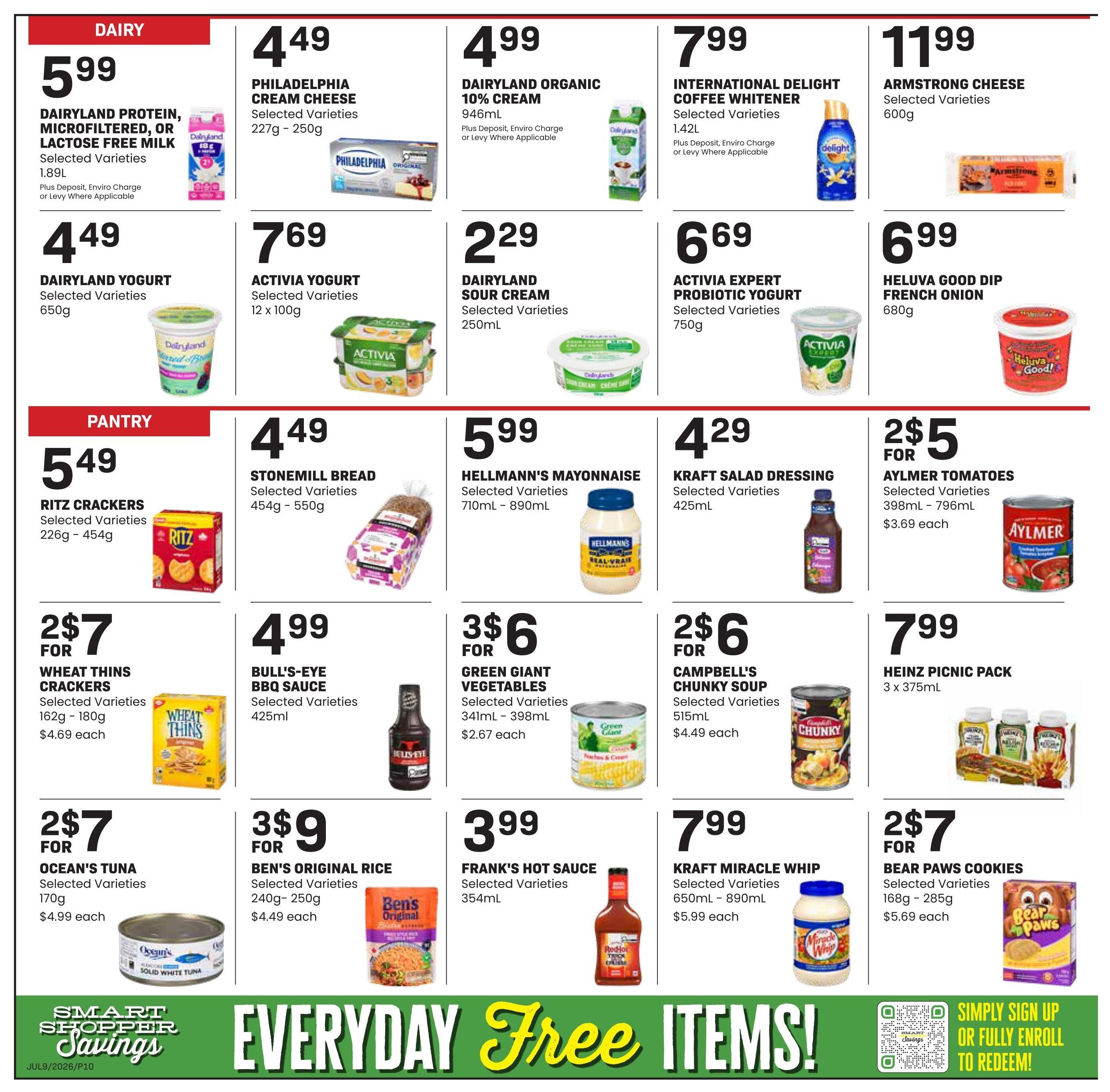 Freson Bros weekly flyer specials page 10. Dairy section features Dairyland Protein, Microfiltered, or Lactose Free Milk for $5.99 per 1.89L, Philadelphia Cream Cheese for $4.99 per 227g-250g, Dairyland Organic 10% Cream for $4.99 per 946mL, International Delight Coffee Whitener for $7.99 per 1.42L, Armstrong Cheese for $11.99 per 600g, Dairyland Yogurt for $4.49 per 650g, Activia Yogurt for $7.69 per 12x100g, Dairyland Sour Cream for $2.29 per 250mL, Activia Expert Probiotic Yogurt for $6.69 per 750g, and Heluva Good Dip French Onion for $6.99 per 680g. Pantry section includes Ritz Crackers for $5.49 per 226g-454g, Stonemill Bread for $4.49 per 454g-550g, Hellmann's Mayonnaise for $5.99 per 710mL-890mL, Kraft Salad Dressing for $4.29 per 425mL, Aylmer Tomatoes for 2 for $5 per 398mL-796mL ($3.69 each), Wheat Thins Crackers for 2 for $7 per 162g-180g ($4.69 each), Bull's-Eye BBQ Sauce for $4.99 per 425mL, Green Giant Vegetables for 3 for $6 per 341mL-398mL ($2.67 each), Campbell's Chunky Soup for 2 for $6 per 515mL ($4.49 each), Heinz Picnic Pack for $7.99 per 3x375mL, Ocean's Tuna for 2 for $7 per 170g ($4.99 each), Ben's Original Rice for 3 for $9 per 240g-250g ($4.49 each), Frank's Hot Sauce for $3.99 per 354mL, Kraft Miracle Whip for $7.99 per 650mL-890mL ($5.99 each), and Bear Paws Cookies for 2 for $7 per 168g-285g ($5.69 each). The bottom of the page features 'Smart Shopper Savings' and 'EVERYDAY FREE ITEMS!' with instructions to sign up or enroll to redeem.