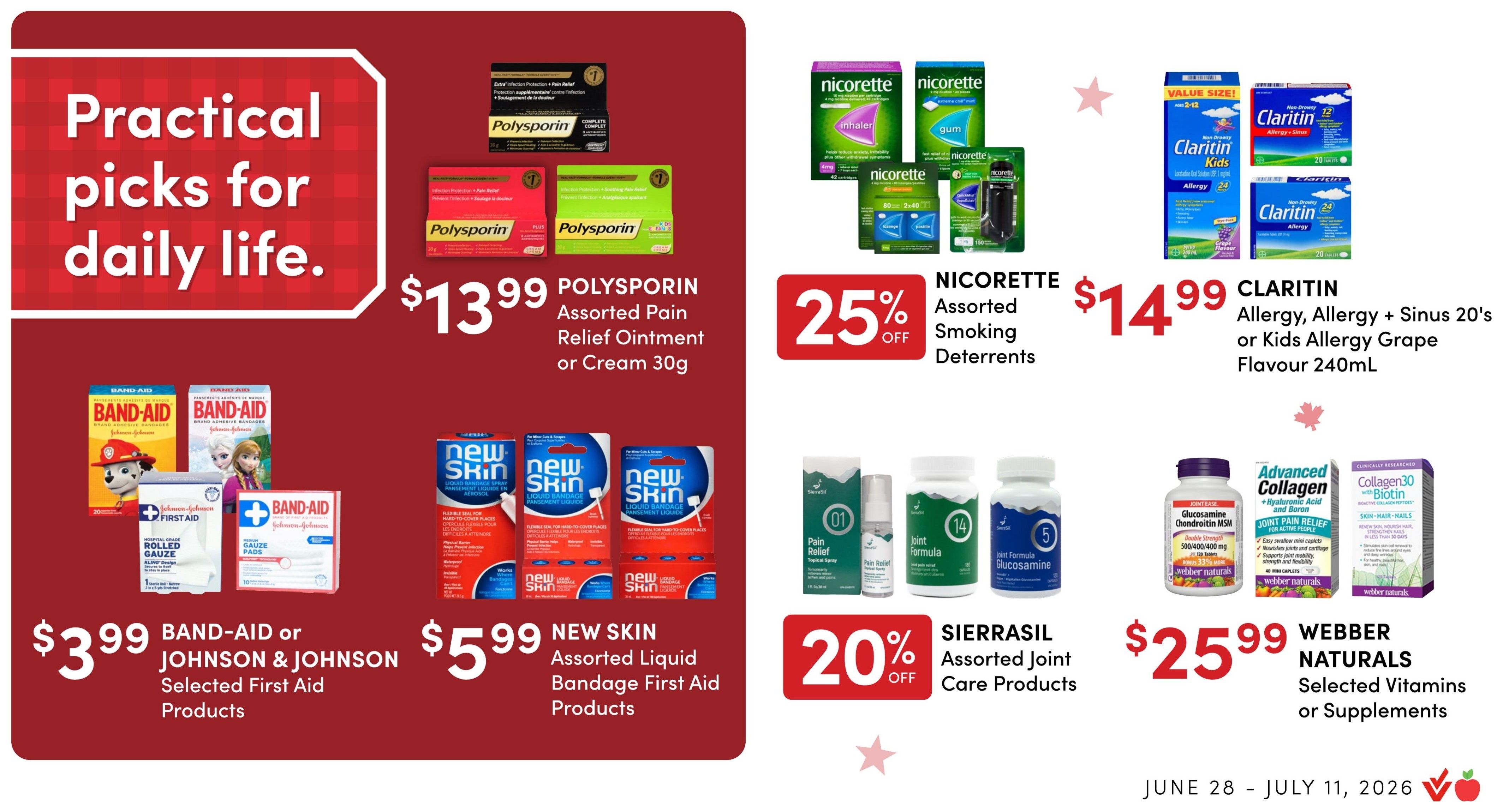Value Drug Mart flyer page 4 features Western Family products. Get Western Family Mac & Cheese 225g or Assorted Instant Noodles in a Cup 64g for $0.99. Western Family Assorted Salsa 650mL is $4.29. Western Family Spring Water 24x500mL is $3.99. Western Family One Step Pregnancy Test (2 tests) is $3.99. Western Family Selected Allergy or Cold Relief Products are $7.99. Western Family Selected Pain Relief Products are $14.99. Western Family Super Soft 2 Ply Bathroom Tissue Double 24 Roll or Ultra Paper Towels 6 Mega Rolls are $15.99. Flyer valid June 28 - July 11, 2026.