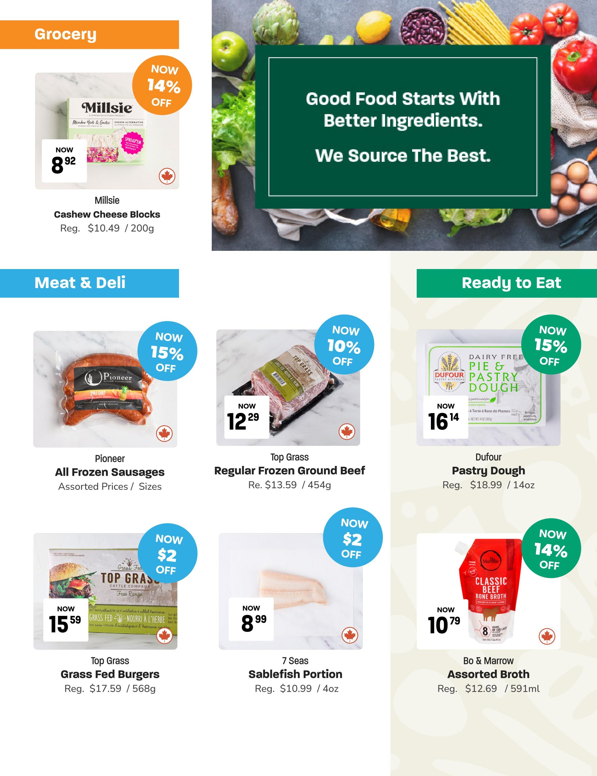 Blush Lane Organic Market weekly flyer specials page 4. Grocery section features Millsie Cashew Cheese Blocks now 14% off at $8.92, regularly $10.49 for 200g. Meat & Deli section includes Pioneer All Frozen Sausages, assorted prices/sizes, now 15% off. Top Grass Regular Frozen Ground Beef is 10% off at $12.29, regularly $13.59 for 454g. Top Grass Grass Fed Burgers are $15.59, regularly $17.59 for 568g, with a $2 off sticker. 7 Seas Sablefish Portion is $8.99, regularly $10.99 for 4oz, with a $2 off sticker. Ready to Eat section offers Dufour Pastry Dough, 14oz, now 15% off at $16.14, regularly $18.99. Bo & Marrow Assorted Broth is 14% off at $10.79 for 591ml, regularly $12.69.