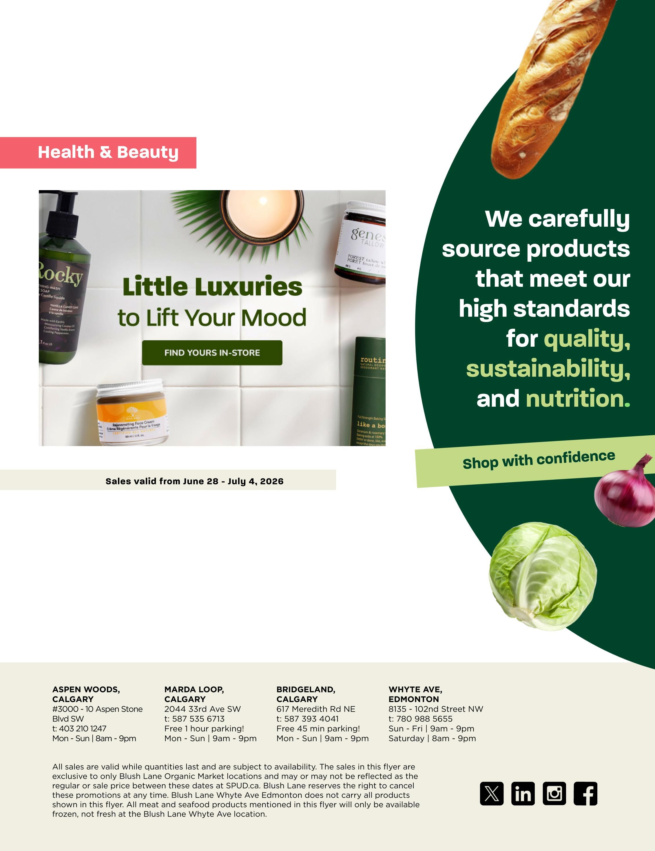 Blush Lane Organic Market weekly flyer specials page 5, featuring 'Health & Beauty' products. Showcases 'Little Luxuries to Lift Your Mood' with items like Rocky Mountain Soap Co. body wash, Genes Tallow forest tallow with wild mint, and Routine natural deodorant. Also features a rejuvenating face cream. The flyer highlights 'We carefully source products that meet our high standards for quality, sustainability, and nutrition.' and 'Shop with confidence.' Sales are valid from June 28 - July 4, 2026. Includes store locations and hours for Aspen Woods, Marda Loop, Bridgeland (Calgary), and Whyte Ave (Edmonton). Social media icons for X, LinkedIn, Instagram, and Facebook are displayed.