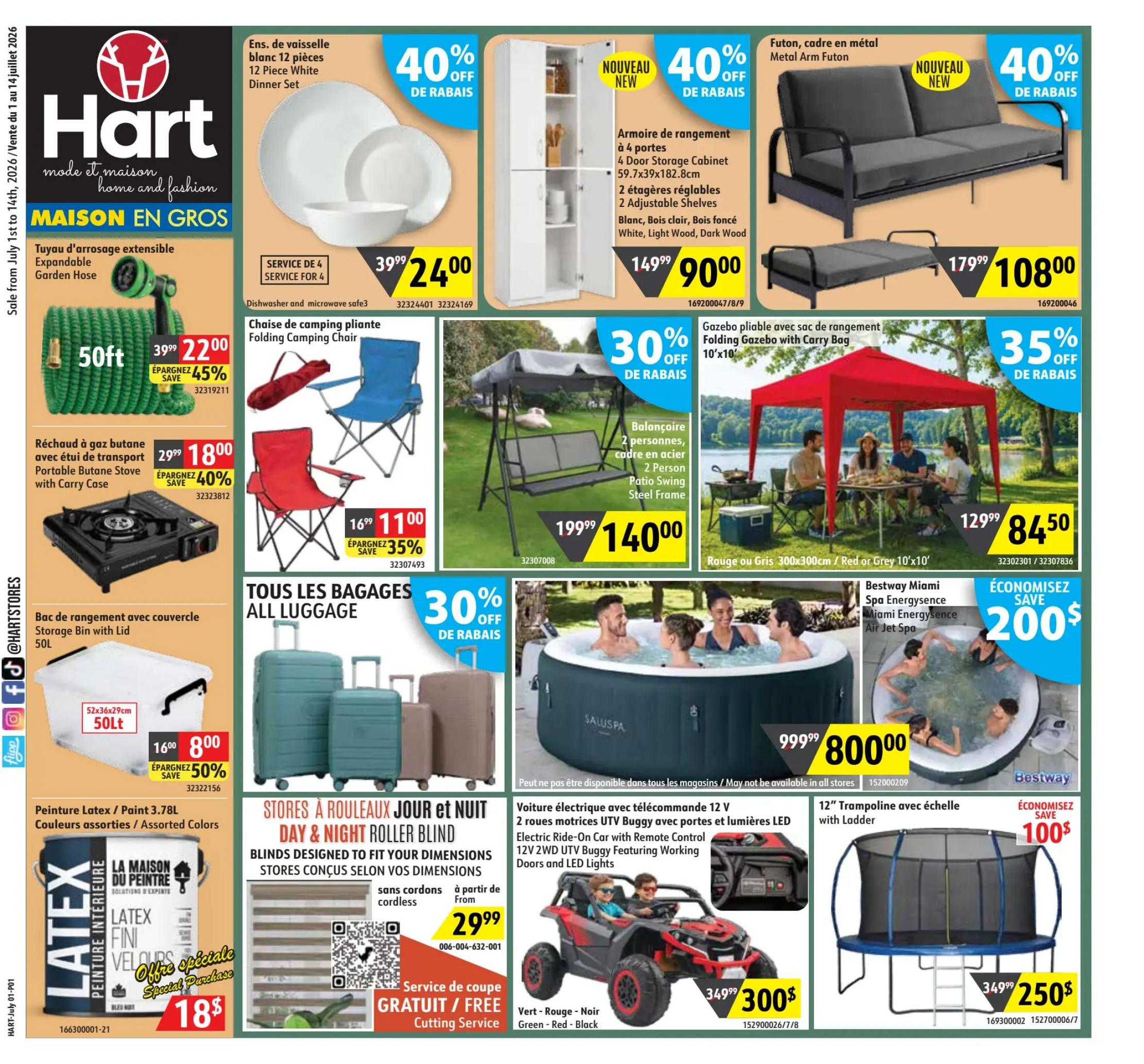 Hart flyer specials page featuring a 12-piece white dinner set for $39.99, a 4-door storage cabinet in white, light wood, or dark wood for $90.00 (40% off), and a metal arm futon for $108.00 (40% off). Also on sale is a 50ft extendable garden hose for $22.00 (45% off), a portable butane stove with carry case for $18.00 (40% off), and a folding camping chair for $11.00 (35% off). Other deals include a 2-person patio swing with steel frame for $140.00, a 10'x10' folding gazebo with carry bag in red or grey for $84.50 (35% off), and a 50L storage bin with lid for $8.00 (50% off). The page also highlights a 3.78L can of Latex interior paint in assorted colours for $18.00, a selection of roller luggage with 30% off, a Bestway Miami Air Jet Spa for $800.00 (save $200), a 12V electric ride-on UTV buggy for $300.00, and a 12' trampoline with ladder for $250.00 (save $100).