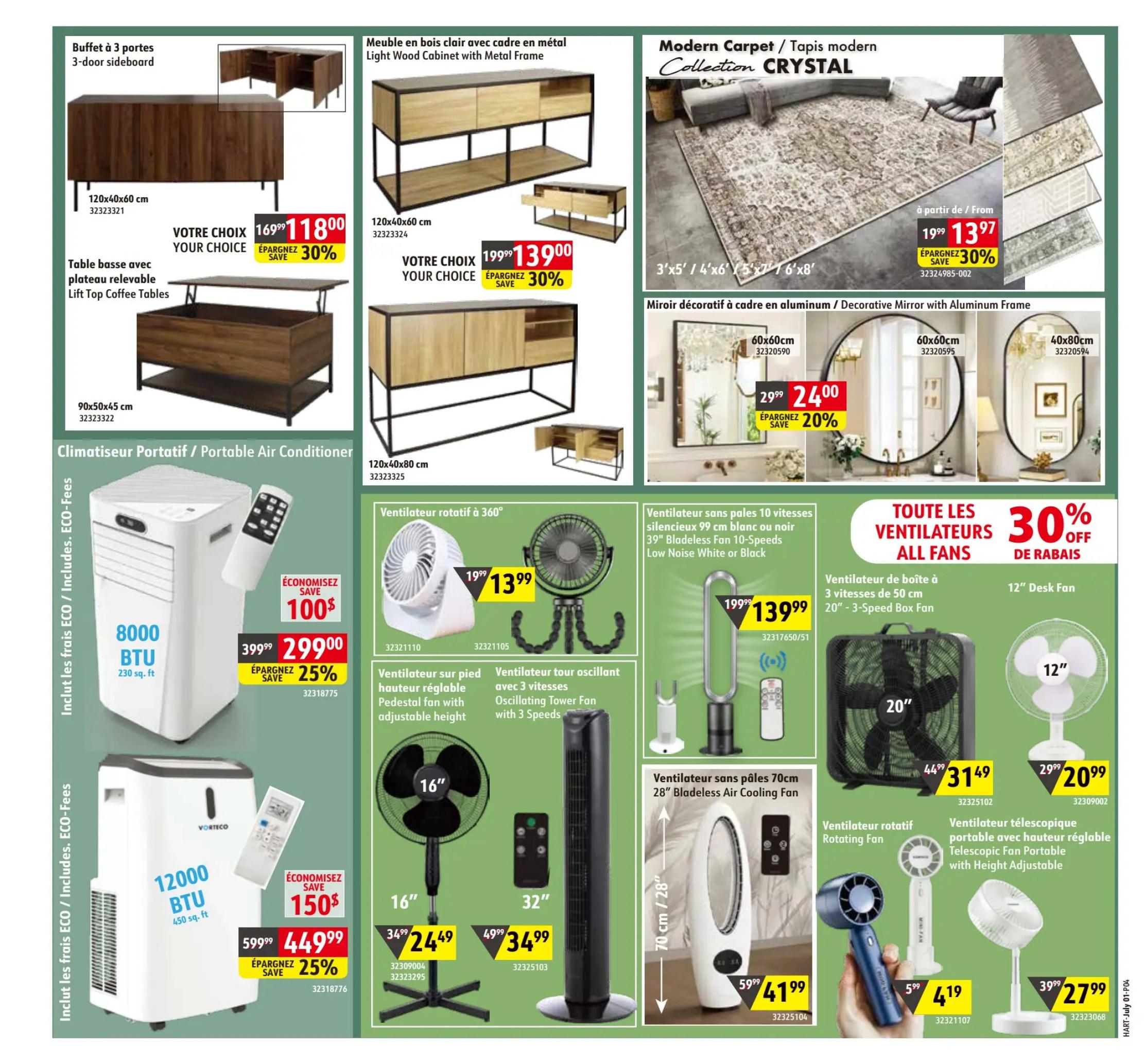 Hart flyer specials page 2 features furniture and home appliances. On the left, a 3-door sideboard is on sale for $118.00, down from $169.99, saving 30%. Below it, a lift-top coffee table is priced at $90x50x45 cm. A 8000 BTU portable air conditioner, including ECO-fees, is $299.00, a $100 saving, down from $399.99, saving 25%. A larger 12000 BTU portable air conditioner, also including ECO-fees, is $449.99, a $150 saving, down from $599.99, saving 25%. In the centre, a light wood cabinet with a metal frame is $139.00, down from $199.99, saving 30%. To the right, a modern carpet from the Collection CRYSTAL is available from $13.97, down from $19.99, saving 30%. Decorative mirrors with aluminum frames are on sale: 60x60cm mirrors are $24.00, down from $29.99, saving 20%; a 40x80cm mirror is also shown. The flyer also highlights 'All Fans 30% Off'. Featured fans include a 360° rotating fan for $13.99, down from $19.99; a 16' pedestal fan with adjustable height for $24.49, down from $34.99; and a 32' oscillating tower fan with 3 speeds for $34.99, down from $49.99. A 70cm/28' bladeless air cooling fan is $41.99, down from $59.99. Other fans include a 20' box fan for $31.49, down from $44.99; a 12' desk fan for $20.99, down from $29.99; a portable rotating fan for $4.19, down from $5.99; and a portable telescopic fan with height adjustable for $27.99, down from $39.99.