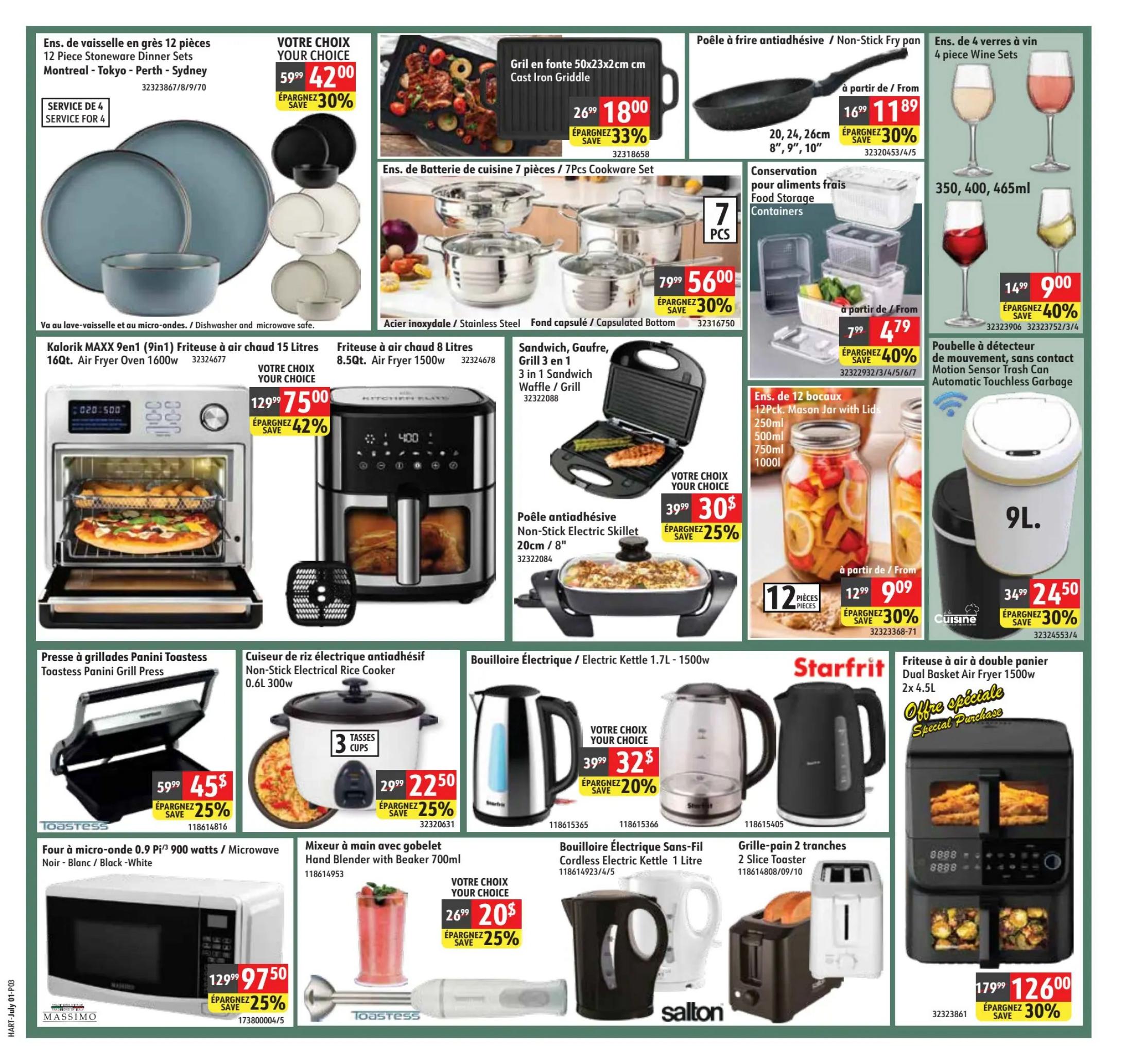 Hart flyer page 3 features a variety of kitchenware and small appliances. Top row includes a 12-piece stoneware dinner set (Montreal, Tokyo, Perth, Sydney) for $42.00 (save 30%), a cast iron griddle for $18.00 (save 33%), a non-stick fry pan starting at $11.89 (save 30%), and a 4-piece wine glass set for $9.00 (save 40%). Below, find a 7-piece stainless steel cookware set for $56.00 (save 30%), food storage containers starting at $4.79 (save 40%), and a touchless motion sensor garbage can for $24.50 (save 30%). Featured appliances include a Kalorik MAXX 16Qt. air fryer oven for $75.00 (save 42%), an 8.5Qt. air fryer for $30.00 (save 25%), a 3-in-1 sandwich waffle grill for $30.00 (save 25%), and a 20cm non-stick skillet for $30.00 (save 25%). Also available are a Toastess panini grill press for $45.00 (save 25%), a non-stick electric rice cooker for $22.50 (save 25%), a 1.7L electric kettle for $32.00 (save 20%), a 1L cordless electric kettle for $20.00 (save 25%), a 2-slice toaster for $12.00, and a Starfrit dual basket air fryer for $126.00 (save 30%). A 900-watt Massimo microwave is on sale for $97.50 (save 25%), and a Toastess hand blender with beaker is $20.00.