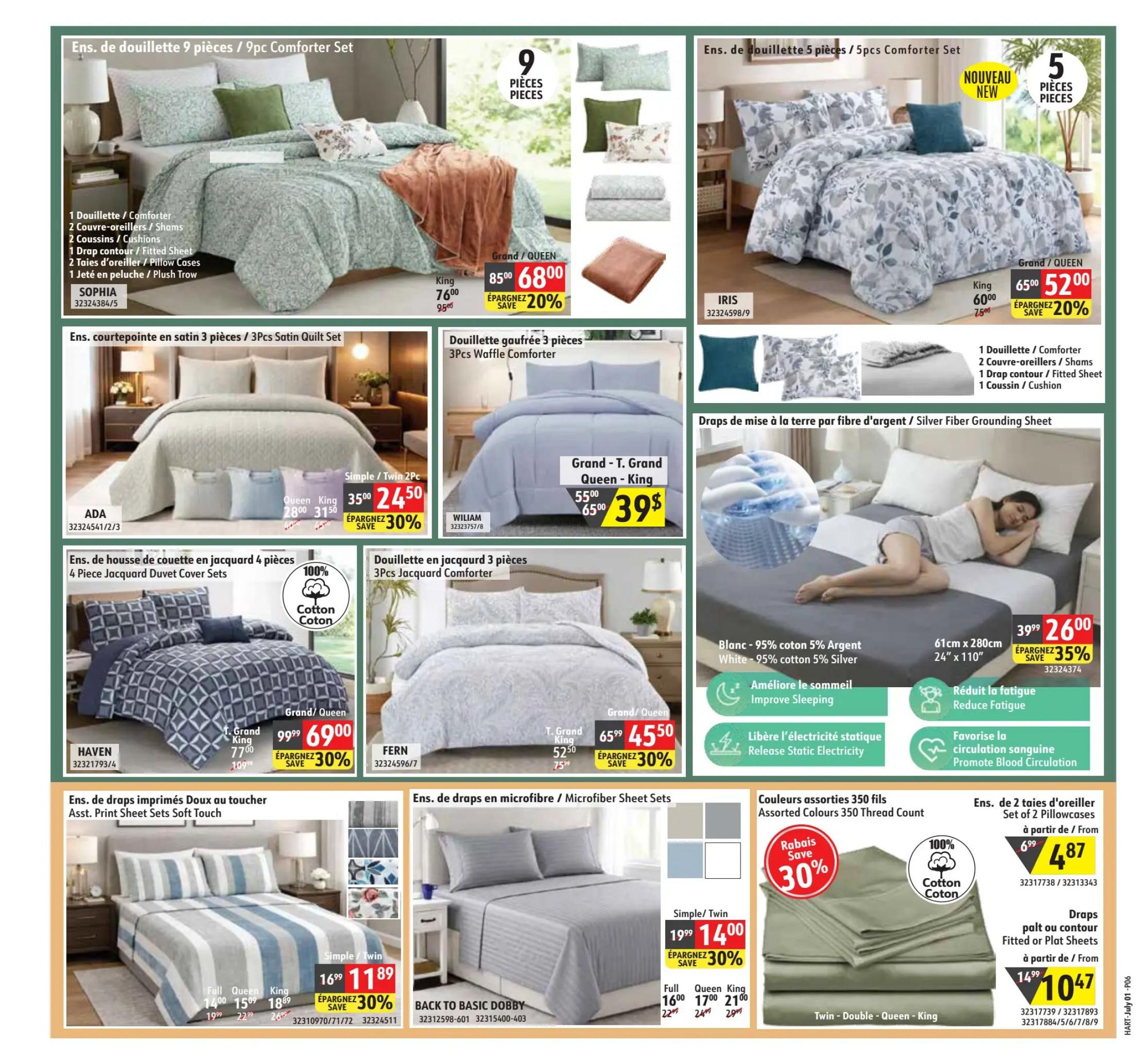 Hart flyer page 6 features a variety of bedding sets and sheets. Top left, the Sophia 9-piece Comforter Set is on sale for $68.00, a 20% saving from $85.00. Below, the Ada 3-piece Satin Quilt Set is available for $24.50 for Simple/Twin size, down from $35.00, and $31.50 for Queen/King, down from $28.00, a 30% saving. The Haven 4-piece Jacquard Duvet Cover Set is $69.00 for Grand/Queen, reduced from $99.99, a 30% saving. The Fern 3-piece Jacquard Comforter is $45.50 for Grand/Queen, down from $65.99, a 30% saving. In the top right, the Iris 5-piece Comforter Set is new and on sale for $52.00, a 20% saving from $65.00. The William 3-piece Waffle Comforter is $39.00 for Grand-T. Grand Queen-King, down from $55.00, a 30% saving. A Silver Fiber Grounding Sheet is available for $26.00, down from $39.99, a 35% saving, promoting better sleep and reducing fatigue. The Back to Basic Dobby Microfiber Sheet Sets are $14.00 for Simple/Twin, down from $19.99, and $17.00 for Queen, down from $22.99, and $21.00 for King, down from $24.99, all 30% savings. Assorted Colours 350 Thread Count Pillowcases are 30% off, starting at $4.87. Fitted or Flat Sheets are $10.47, down from $14.99.