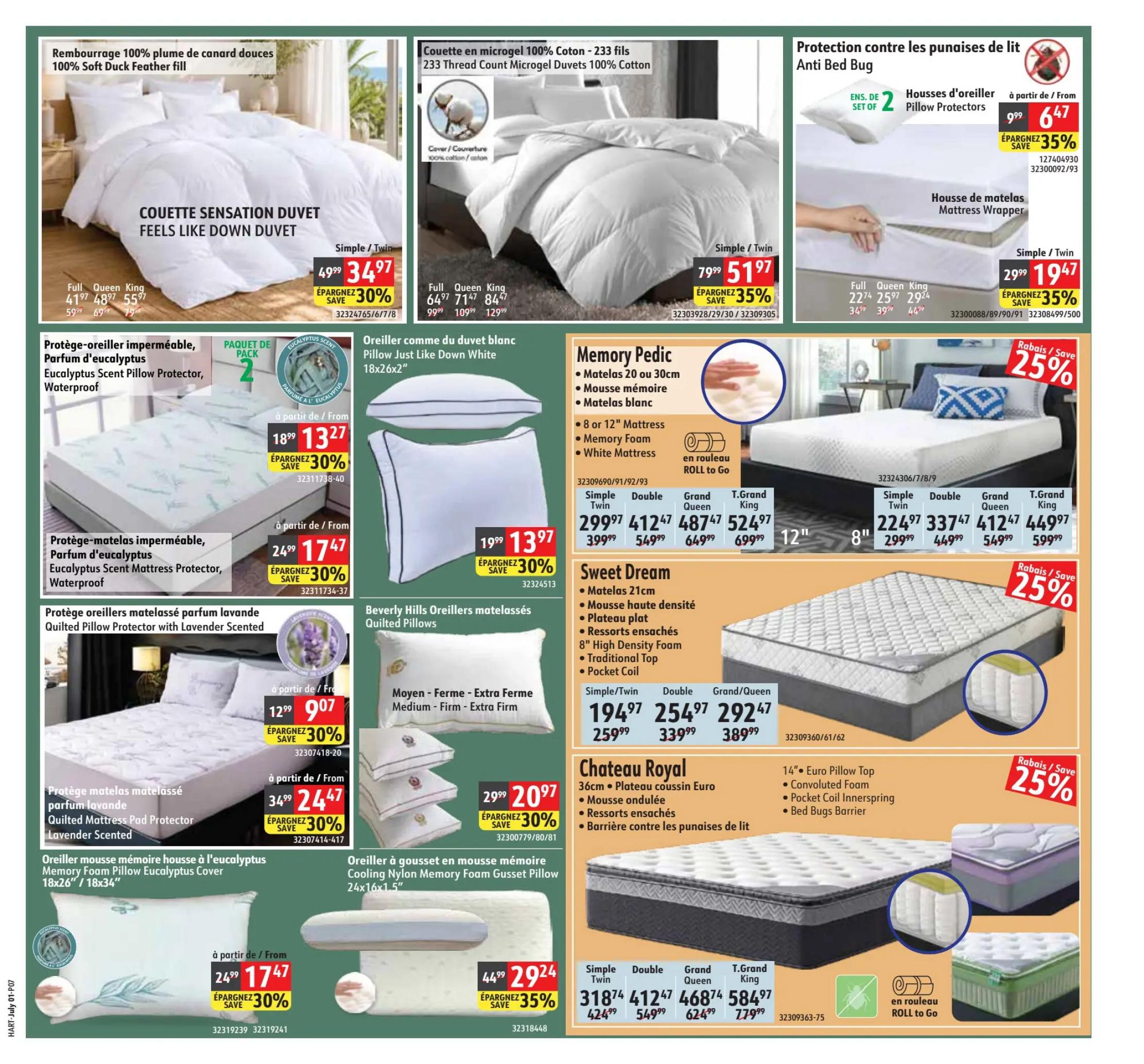 Hart flyer specials page 7 features a variety of bedding and mattress products. The 'Feels Like Down' duvet with 100% soft duck feather fill is on sale for $34.97 (save 30%). A 233 thread count microgel cotton duvet is available for $51.97 (save 35%). Anti-bed bug pillow protectors are $6.47 (save 35%) and mattress wrappers are $19.47 (save 35%). Eucalyptus scent pillow protectors (pack of 2) are $13.27 (save 30%), and eucalyptus scent mattress protectors are $17.47 (save 30%). Lavender scented quilted pillow protectors are $9.07 (save 30%), and lavender scented quilted mattress pad protectors are $24.47 (save 30%). Memory Pedic mattresses (8' or 12' with memory foam and white mattress) start at $299.97 for a simple/twin size. Sweet Dream mattresses (21cm with high-density foam, pocket coil, and traditional top) start at $194.97 for a simple/twin size. The Chateau Royal mattress, featuring a Euro pillow top, convoluted foam, pocket coil innerspring, and bed bug barrier, is on sale for $224.97 for a simple/twin size (save 25%). Additional mattresses are also featured with savings of 25%.