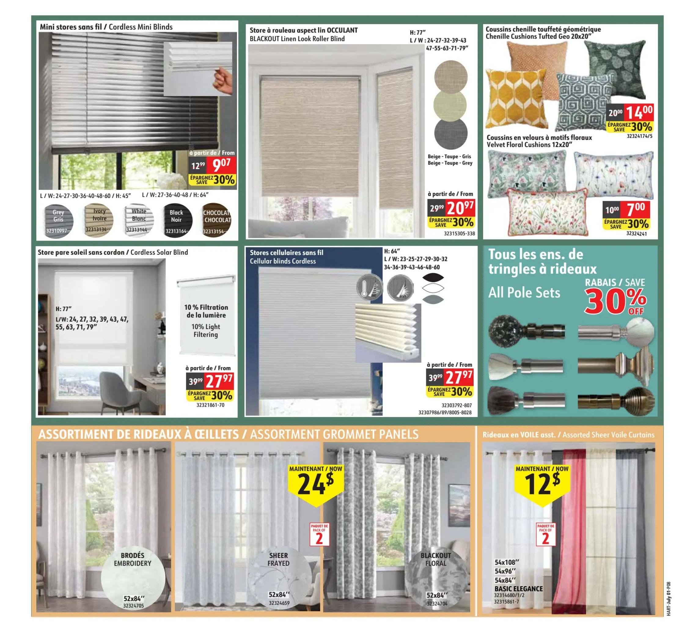 Hart flyer page 8 features a variety of home decor items. Top row includes Cordless Mini Blinds starting from $9.07 (30% off), available in Grey, Ivory, White, Black, and Chocolate. Also featured are OCCULANT Blackout Linen Look Roller Blinds starting from $20.97 (30% off) in Beige/Taupe/Grey, Chenille Geometric Cushions 20x20' for $14.00 (30% off), and Velvet Floral Cushions 12x20' for $7.00 (30% off). The second row showcases Cordless Solar Blinds starting from $27.97 (30% off) with 10% light filtering, and Cellular Blinds Cordless starting from $27.97 (30% off). All Pole Sets are on sale for 30% off. The bottom section displays Assorted Grommet Panel Curtains: Embroidered 52x84' curtains, Sheer Frayed 52x84' curtains for $24 per pack of 2, and Blackout Floral 52x84' curtains. Assorted Sheer Voile Curtains are available for $12 per pack of 2, including Basic Elegance styles in 54x108', 54x96', and 54x84'.