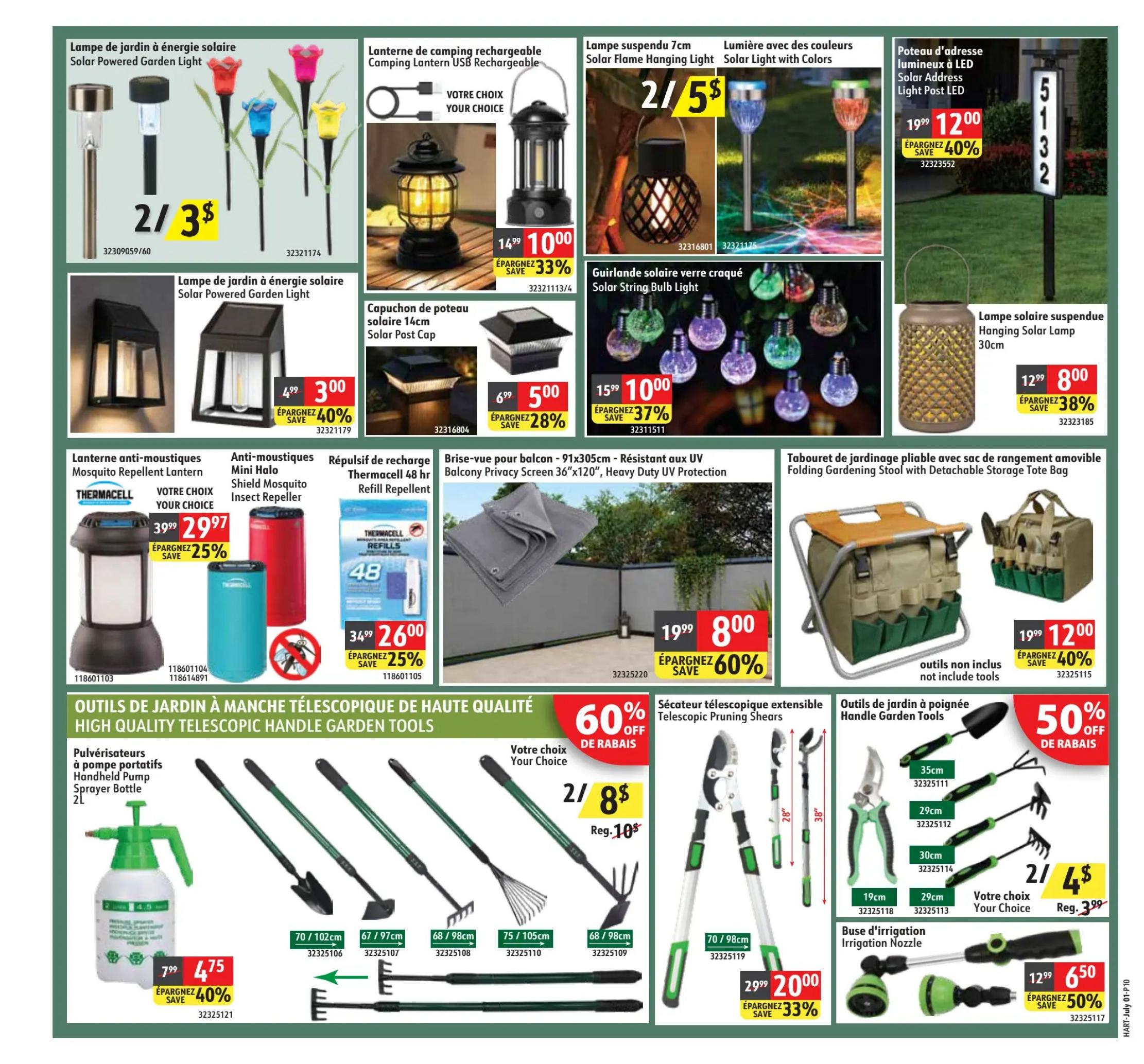 Hart flyer specials page 10 features a variety of garden and outdoor lighting and tools. Solar powered garden lights are available for 2 for $3. Camping lanterns are $10.00, saving 33%. Solar flame hanging lights are 2 for $5. Solar string bulb lights are $10.00, saving 37%. Solar address light posts are $12.00, saving 40%. Hanging solar lamps are $8.00, saving 38%. Mosquito repellent lanterns are $29.97, saving 25%. Mini halo shield mosquito insect repellents are available. Thermacell 48 hr refill repellent is $26.00, saving 25%. A balcony privacy screen is $8.00, saving 60%. High quality telescopic handle garden tools are featured, including a handheld pump sprayer bottle for $4.75, saving 40%. Telescopic pruning shears are $20.00, saving 33%. Various garden tools with handles are available, such as a trowel and rakes, with options starting at 2 for $4, regularly $3.99. An irrigation nozzle is $6.50, saving 50%.