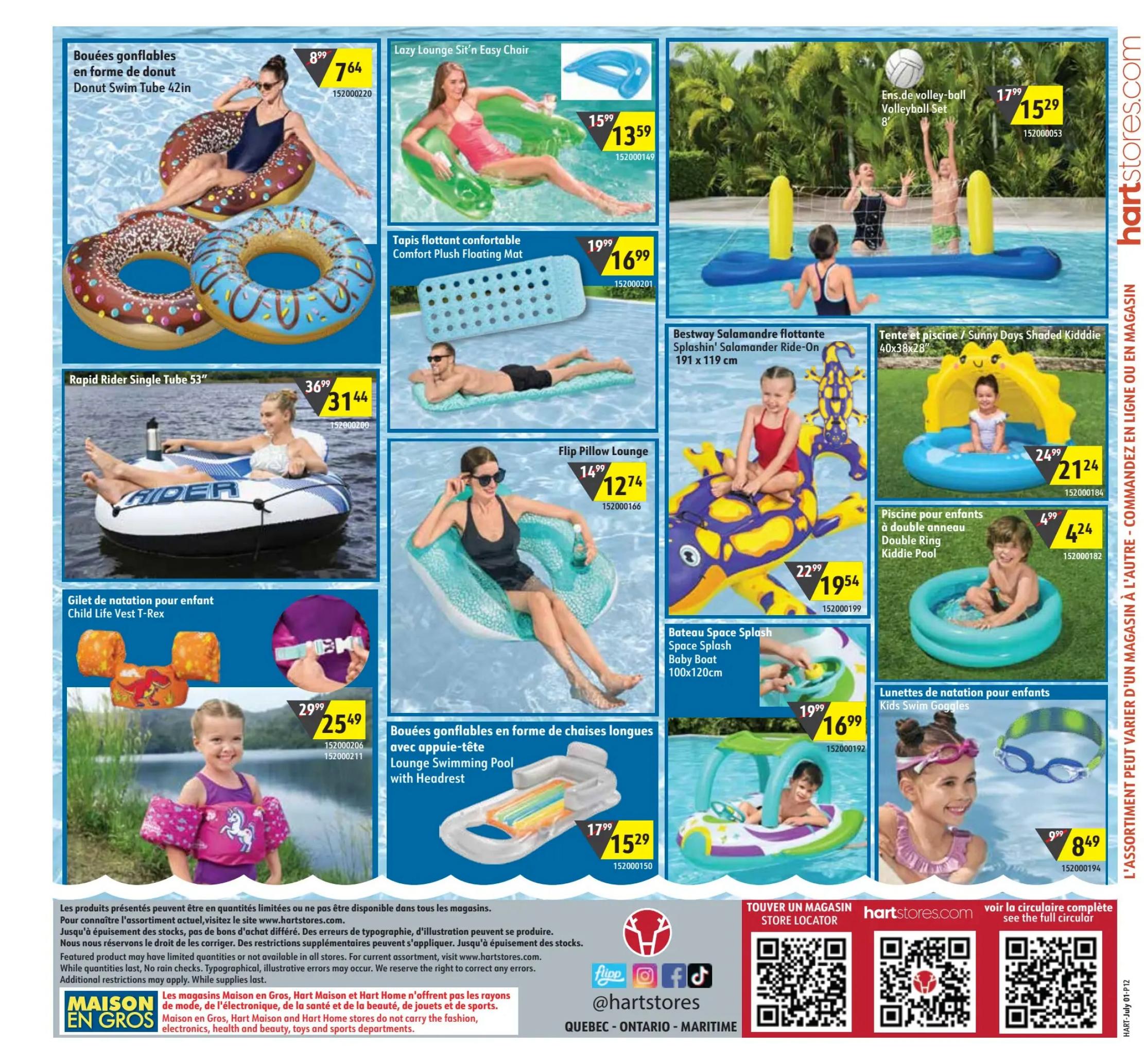 Hart flyer page 12 featuring summer and pool accessories. Offers include: Donut Swim Tubes 42in for $7.64 (originally $8.99), Rapid Rider Single Tube 53' for $31.44 (originally $36.99), and Child Life Vest T-Rex for $25.49 (originally $29.99). Also available are a Lazy Lounge Sit 'n Easy Chair for $13.59 (originally $15.99), a Comfort Plush Floating Mat for $16.99 (originally $19.99), a Flip Pillow Lounge for $12.74 (originally $14.99), and a Lounge Swimming Pool with Headrest for $15.29 (originally $17.99). For kids, there's a Bestway Salamander Ride-On for $19.54 (originally $22.99), a Space Splash Baby Boat for $16.99 (originally $19.99), Sunny Days Shaded Kiddie Pool for $21.24 (originally $24.99), a Double Ring Kiddie Pool for $4.24 (originally $4.99), and Kids Swim Goggles for $8.49 (originally $9.99). A volleyball set is also shown. The flyer also includes store locator information and website details.