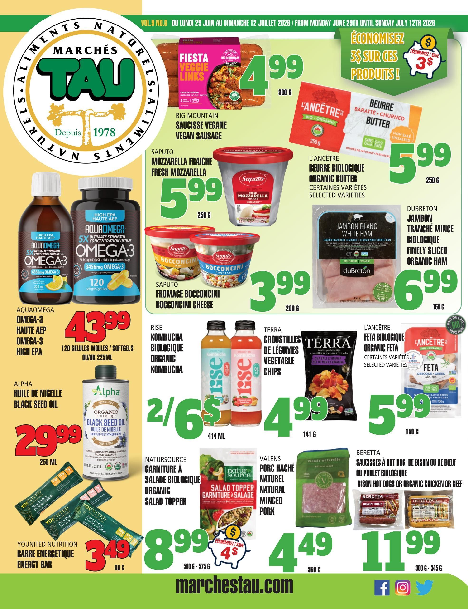 Marches TAU flyer, page 1. Featured products include Big Mountain Fiesta Veggie Links vegan sausage for $4.99 (300g), Saputo Fresh Mozzarella for $5.99 (250g), L'Ancêtre Organic Butter for $5.99 (250g), and Dubreton Finely Sliced Organic Ham for $6.99 (150g). Also on sale are AquaOmega Omega-3 High EPA softgels or 225ml bottle for $43.99, Alpha Organic Black Seed Oil for $29.99 (250ml), and Younited Nutrition Energy Bars for $3.49 (60g). Other deals include Rise Organic Kombucha for 2 for $6, Terra Vegetable Chips for $4.99 (141g), Natursource Organic Salad Topper for $8.99 (500g-575g) with a $4 saving, Valens Natural Minced Pork for $4.49 (350g), and Beretta Bison Hot Dogs or Organic Chicken or Beef sausages for $11.99 (300g-345g).