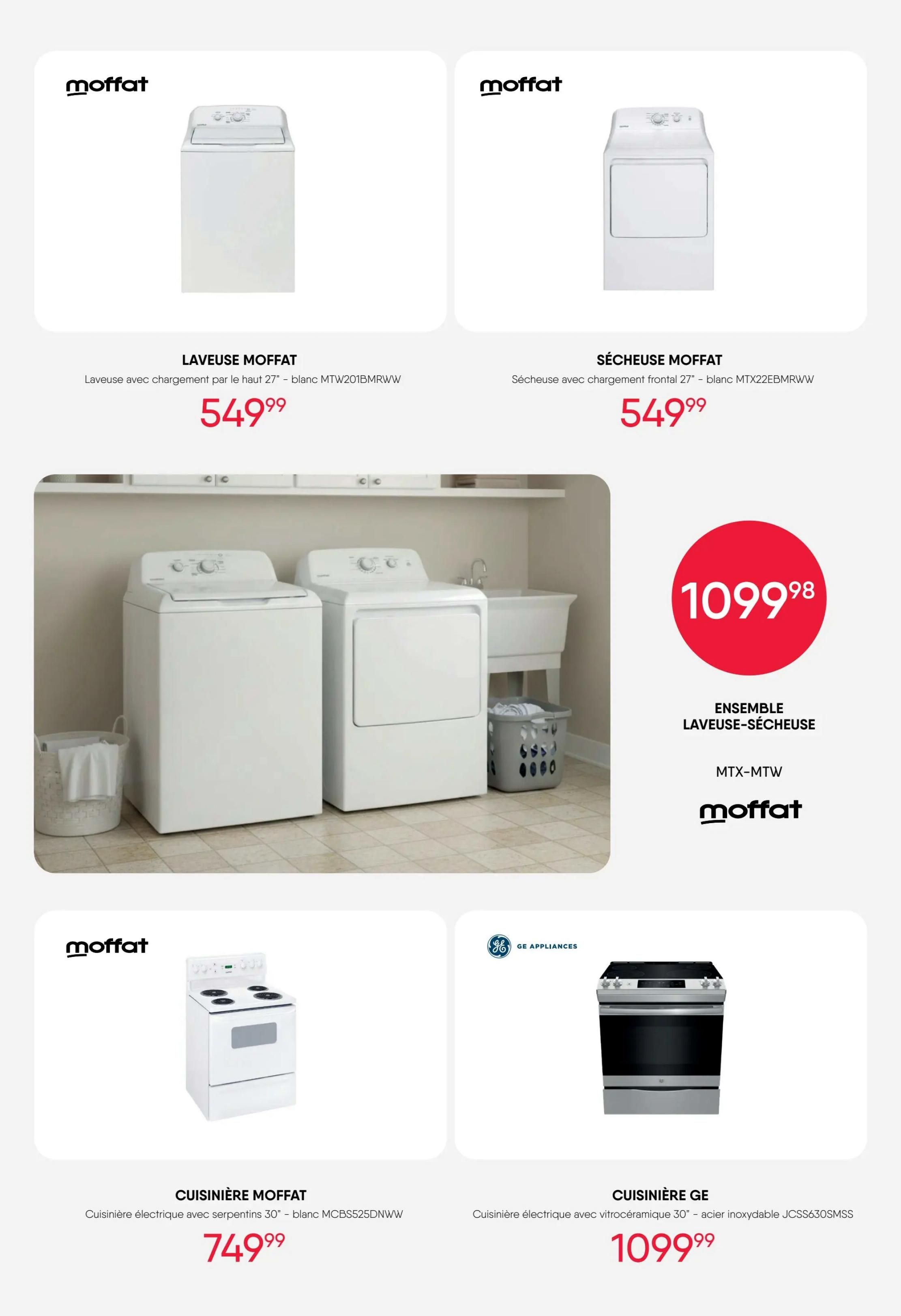 RD Furniture Weekly Flyer Specials, Page 2. Features a Moffat top-load washing machine for $549.99 and a Moffat front-load dryer for $549.99. Also available is a Moffat washer and dryer set for $1099.98. Additionally, a Moffat 30' electric range with coil burners in white is priced at $749.99, and a GE 30' electric range with a ceramic glass cooktop in stainless steel is $1099.99.