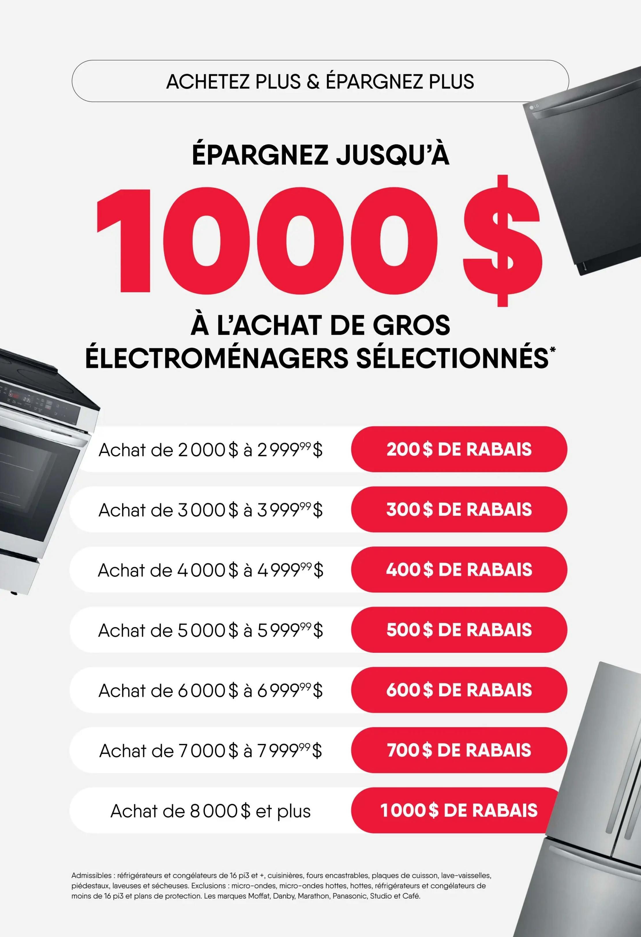 RD Furniture Weekly Flyer Specials, Page 3. Save up to $1000 on select major appliances. Purchase $2000 to $2999.99 and get a $200 discount. Purchase $3000 to $3999.99 and get a $300 discount. Purchase $4000 to $4999.99 and get a $400 discount. Purchase $5000 to $5999.99 and get a $500 discount. Purchase $6000 to $6999.99 and get a $600 discount. Purchase $7000 to $7999.99 and get a $700 discount. Purchase $8000 or more and get a $1000 discount. Eligible appliances include refrigerators and freezers 16 cu. ft. and up, ranges, built-in ovens, cooktops, dishwashers, compact refrigerators, microwaves, range hoods, refrigerators, and freezers. Exclusions apply to compact microwaves, range hoods, refrigerators, and freezers under 16 cu. ft. and protection plans. Brands excluded are Moffat, Danby, Marathon, Panasonic, Studio, and Cafe.