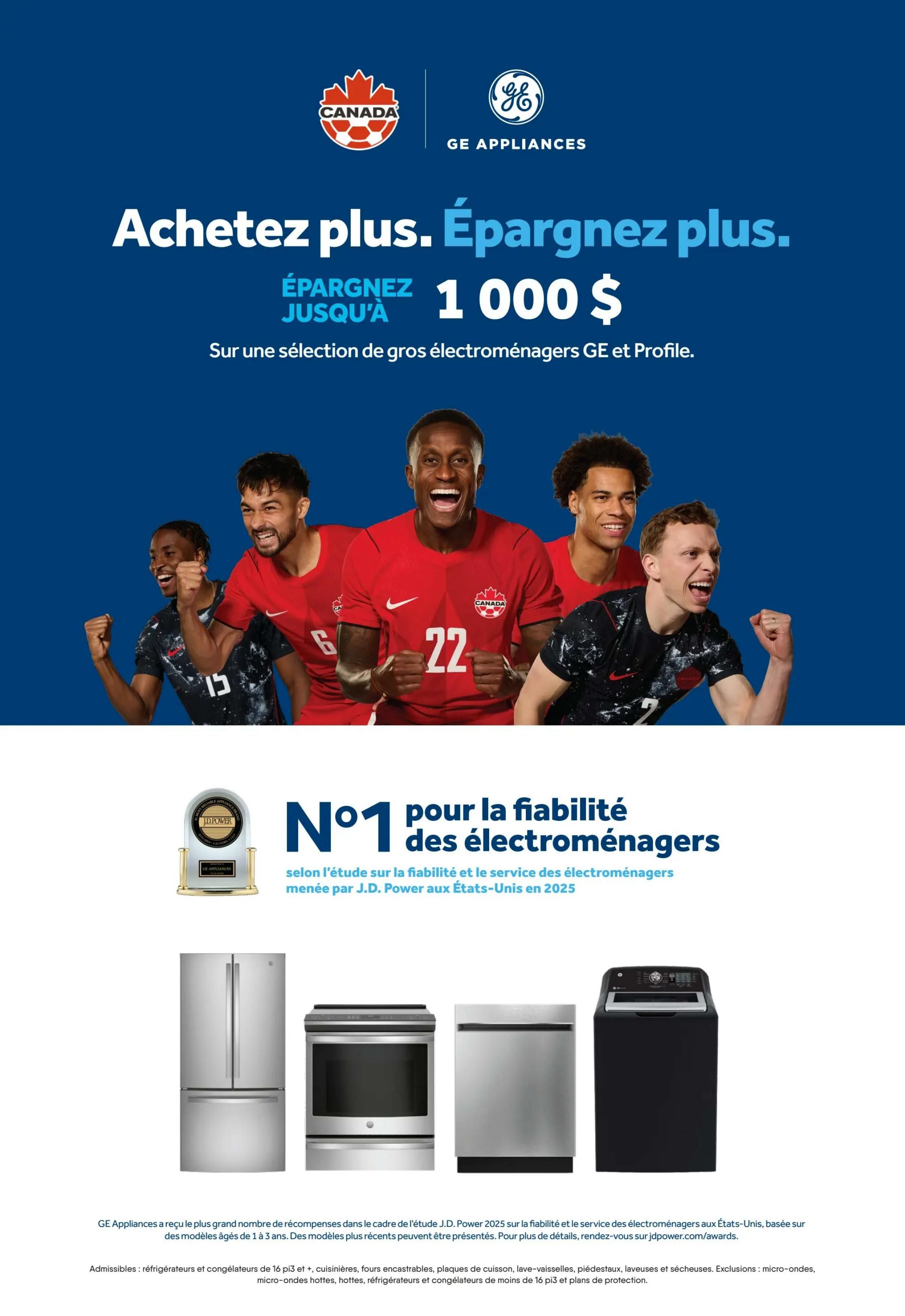 RD Furniture Weekly Flyer Specials, Page 4. Features a promotion: Buy more, save more, with savings up to $1,000 on select GE and Profile major appliances. The page highlights GE Appliances as receiving the most awards in the 2025 J.D. Power study on reliability and service for appliances aged 1-3 years. Featured appliances include a stainless steel refrigerator, a stainless steel range, a stainless steel dishwasher, and a black top-load washing machine. The text also mentions that eligible items include refrigerators, freezers, cooktops, built-in ovens, dishwashers, washers, and dryers, with exclusions for microwaves, hoods, and smaller refrigerators and freezers under 16 cu ft, as well as protection plans. More details are available at jdpowe.com/awards.