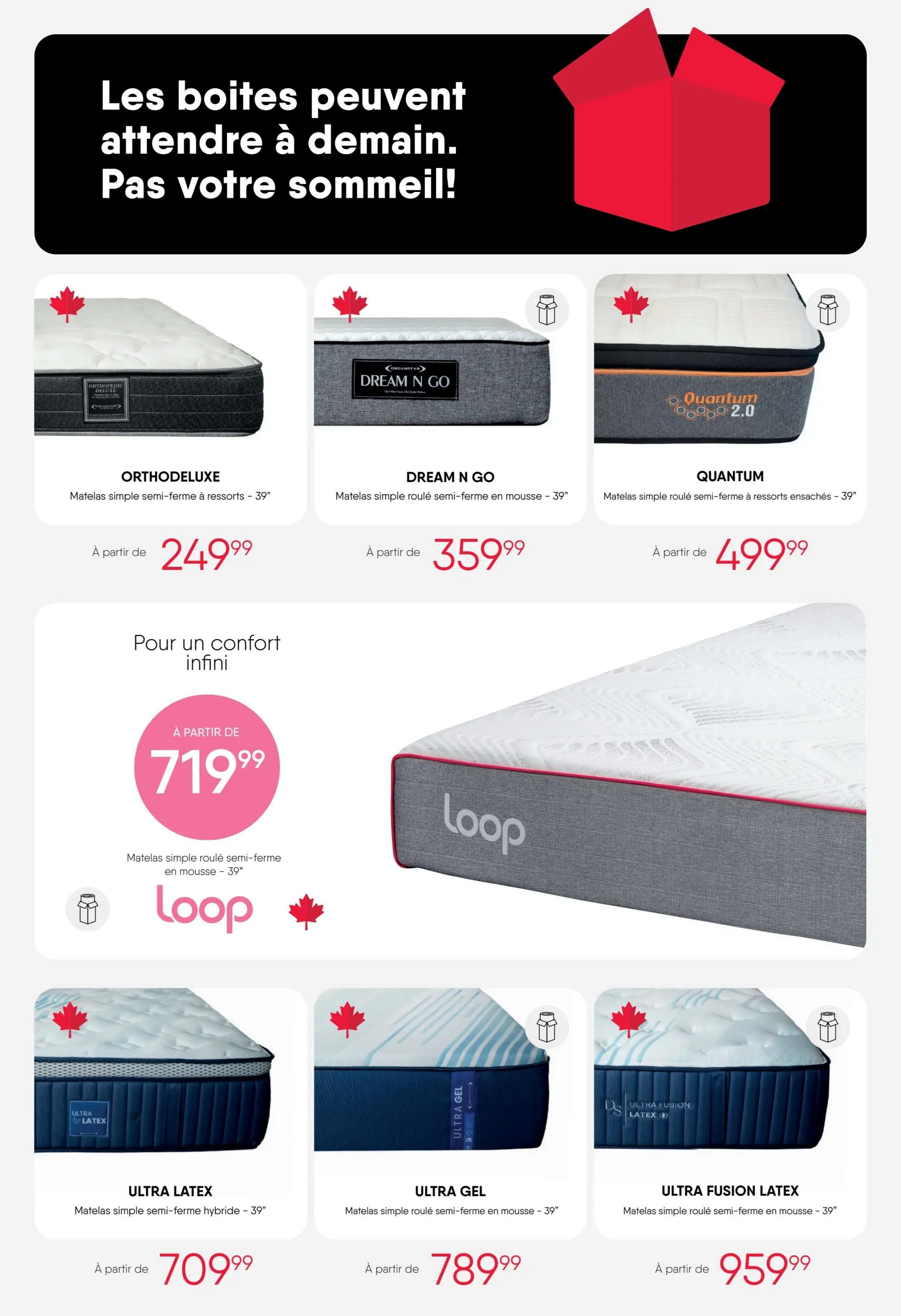 RD Furniture Weekly Flyer Specials, Page 6. Headline: 'Boxes can wait until tomorrow. Not your sleep!'. Featured mattresses include the Orthodeluxe semi-firm spring mattress starting at $249.99, the Dream N Go semi-firm rolled foam mattress starting at $359.99, and the Quantum 2.0 semi-firm pocketed spring mattress starting at $499.99. A large Loop semi-firm rolled foam mattress is featured for infinite comfort, starting at $719.99. Additional mattresses are the Ultra Latex semi-firm hybrid mattress starting at $709.99, the Ultra Gel semi-firm rolled foam mattress starting at $789.99, and the Ultra Fusion Latex semi-firm rolled foam mattress starting at $959.99.