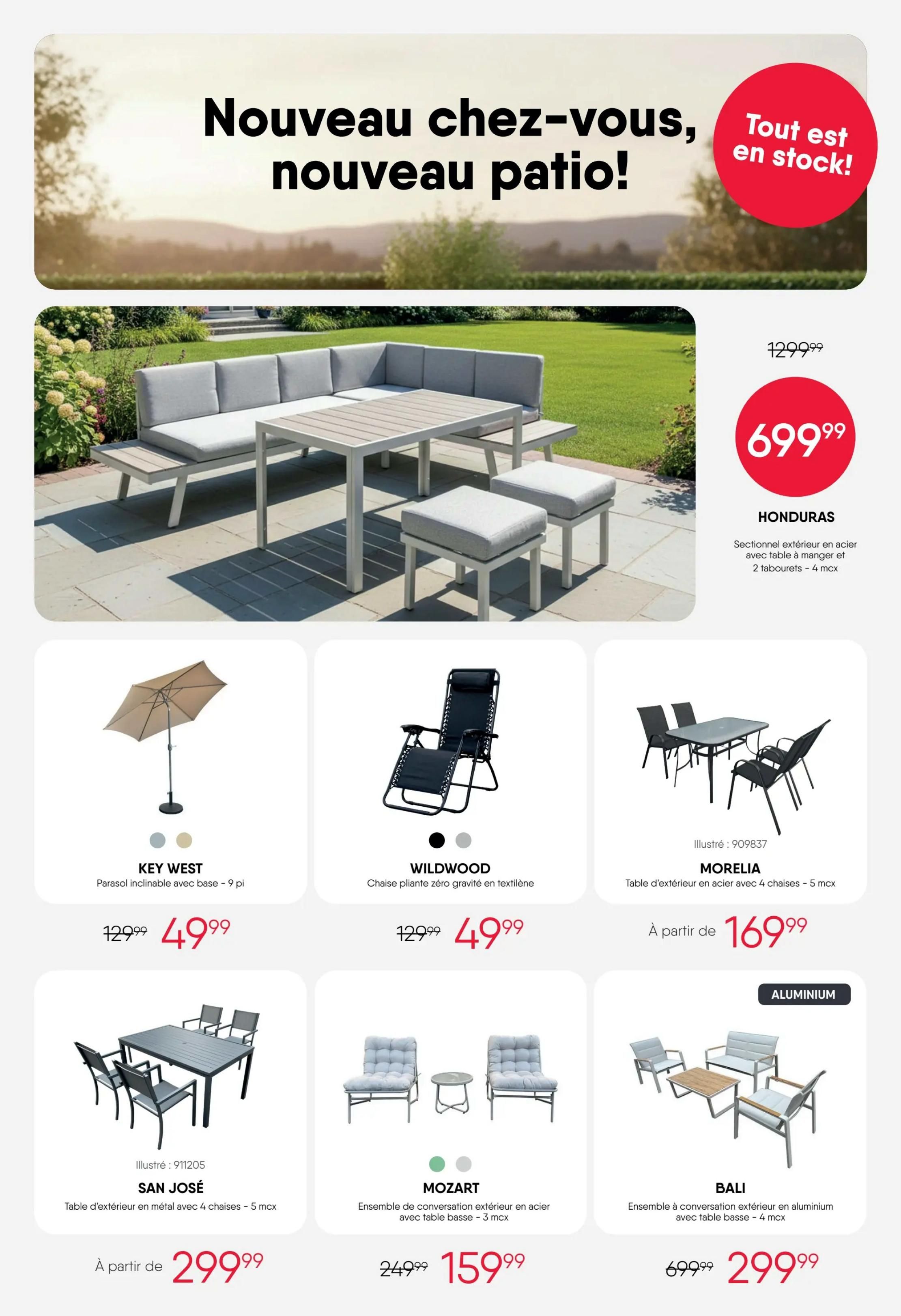 RD Furniture Weekly Flyer Specials Page 8 features 'Nouveau chez-vous, nouveau patio!' (New to you, new patio!) with 'Tout est en stock!' (Everything in stock!). A large sectional outdoor dining set with a table and two ottomans is on sale for $699.99, down from $1299.99. This is the HONDURAS model, an outdoor steel set with a dining table and 2 ottomans, 4 pieces. Below, find the KEY WEST inclinable patio umbrella with base for $49.99, originally $129.99. The WILDWOOD zero gravity patio chair in textile is also $49.99, down from $129.99. The MORELIA outdoor steel dining table with 4 chairs is available starting at $169.99. The SAN JOSÉ outdoor metal dining table with 4 chairs is available starting at $299.99. The MOZART outdoor steel conversation set with a coffee table (3 pieces) is on sale for $159.99, originally $249.99. The BALI aluminium outdoor conversation set with a coffee table (4 pieces) is $299.99, down from $699.99.