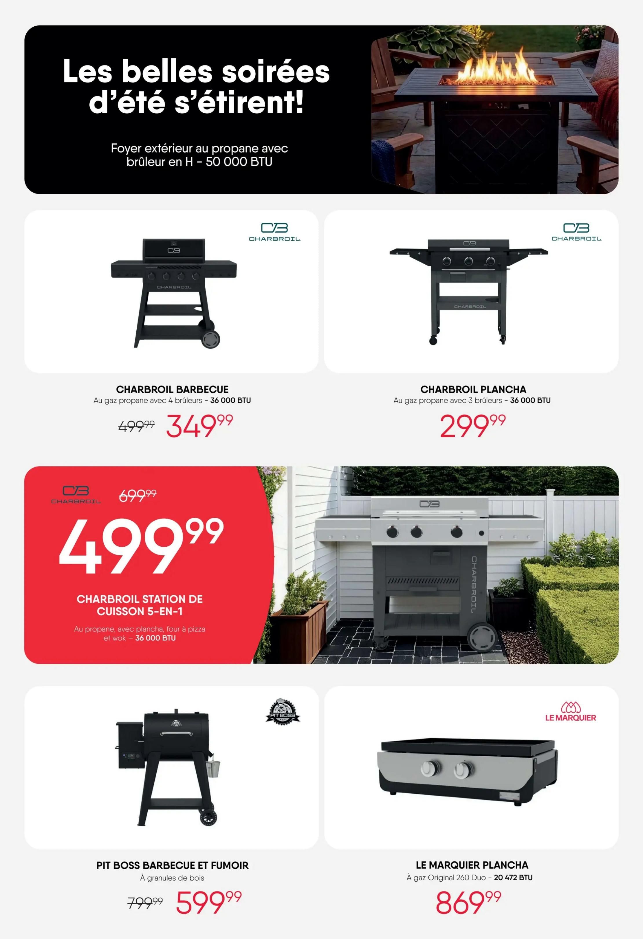 RD Furniture Weekly Flyer Specials Page 9. Featuring outdoor living and grilling products. Top section highlights 'Longer Summer Evenings!' with a propane outdoor fire pit with a 50,000 BTU burner. Below, find a Charbroil Barbecue, propane gas with 4 burners and 36,000 BTU, on sale for $349.99 (originally $499.99). Next to it is a Charbroil Plancha, propane gas with 3 burners and 36,000 BTU, priced at $299.99. A large red section showcases the Charbroil 5-in-1 Cooking Station, propane with plancha, pizza oven, and wok, 36,000 BTU, on sale for $499.99 (originally $699.99). The bottom row features a Pit Boss Barbecue and Smoker, wood pellet, priced at $599.99 (originally $799.99). To the right is a Le Marquier Plancha, Original 260 Duo gas, 20,472 BTU, for $869.99.