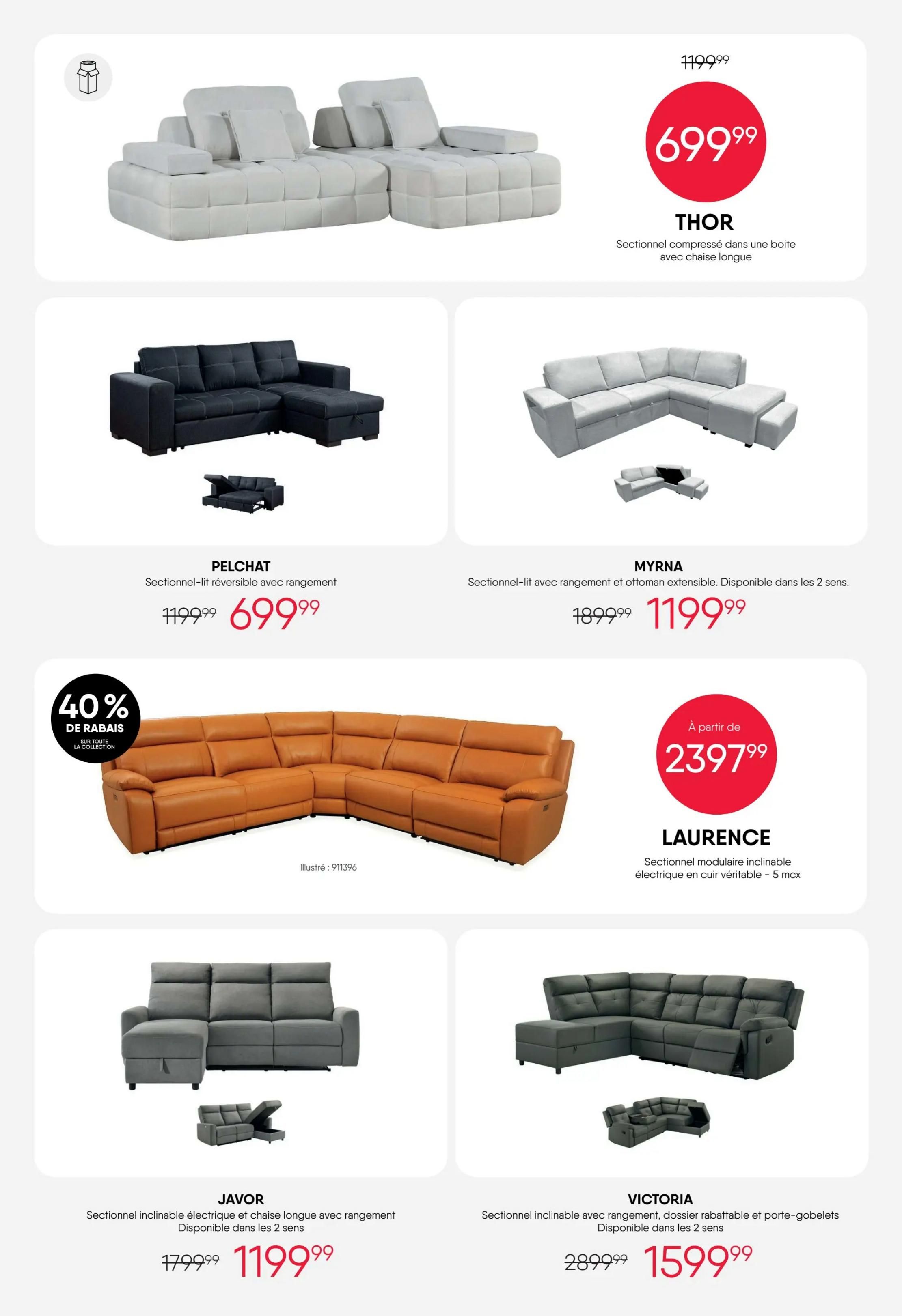 RD Furniture weekly flyer specials page 10 features several sectional sofas. The THOR sectional, compressed in a box with a chaise lounge, is on sale for $699.99, down from $1199.99. The PELCHAT sectional-bed with storage is priced at $699.99, reduced from $1199.99. The MYRNA sectional-bed with storage and an extendable ottoman, available in 2 orientations, is $1199.99, marked down from $1899.99. The LAURENCE modular reclining sectional in genuine leather with 5 seats starts at $2397.99. The JAVOR electric reclining sectional with chaise lounge and storage, available in 2 orientations, is $1199.99, down from $1799.99. The VICTORIA sectional with storage, reclining backrests, and cup holders, available in 2 orientations, is $1599.99, reduced from $2899.99. A 40% discount on the entire LAURENCE collection is also advertised.
