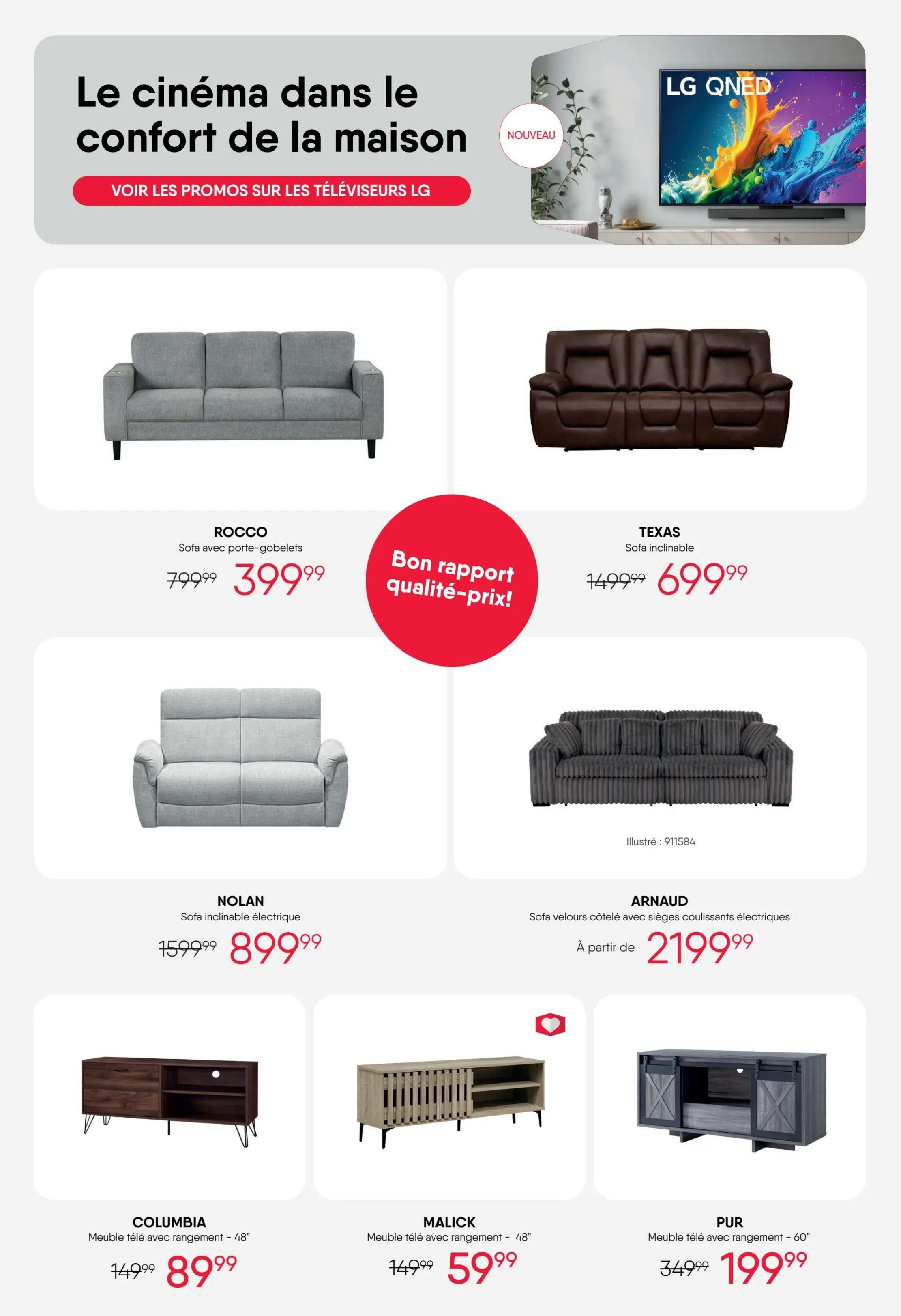 RD Furniture weekly flyer specials page 11 features home entertainment and living room furniture. The top section highlights 'Le cinéma dans le confort de la maison' (Cinema in the comfort of your home) with a call to action to 'Voir les promos sur les téléviseurs LG' (See LG TV deals) and an image of an LG QNED TV. Below, several sofas are featured: the ROCCO sofa with cup holders is on sale for $399.99 (originally $799.99), described as 'Bon rapport qualité-prix' (Great value for money). The TEXAS reclining sofa is priced at $699.99 (originally $1499.99). The NOLAN electric reclining sofa is available for $899.99 (originally $1599.99). The ARNAUD sofa with electric reclining seats is priced starting at $2199.99. The bottom row showcases TV stands: the COLUMBIA 48' TV stand with storage is $89.99 (originally $149.99), the MALICK TV stand with storage is $59.99 (originally $149.99), and the PUR 60' TV stand with storage is $199.99 (originally $349.99).