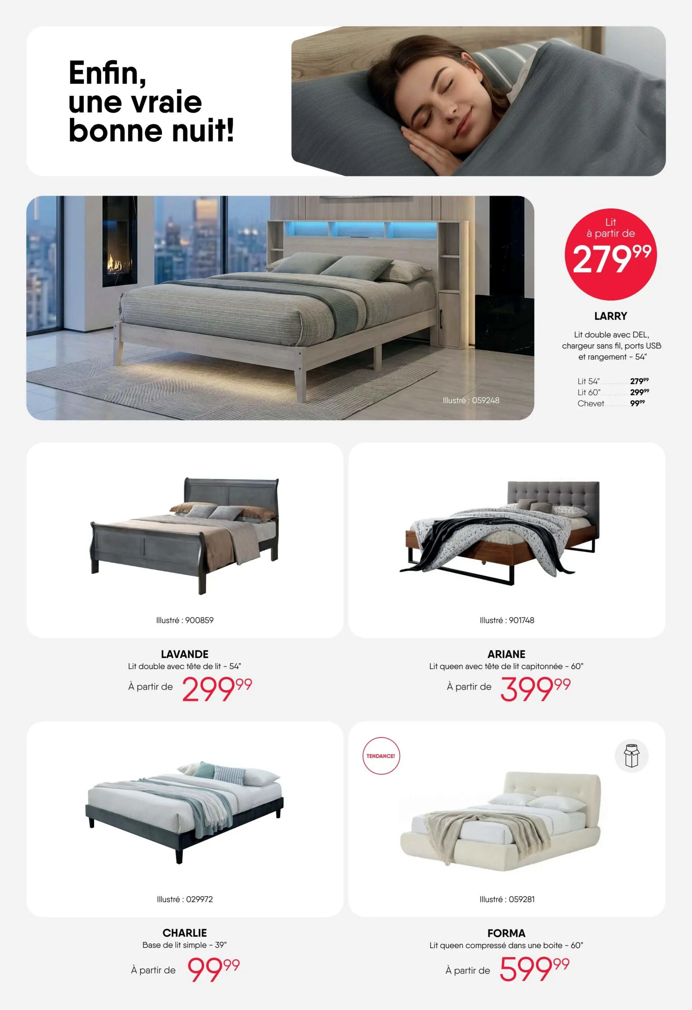 RD Furniture weekly flyer specials page 13 features beds for a good night's sleep. The LARRY bed is available starting at $279.99 and includes DEL, USB ports, and storage. A 54' twin size is $279.99, a 60' queen size is $299.99, and a nightstand is $99.99. The LAVANDE double bed with a 54' headboard is priced from $299.99. The ARIANE queen bed with a 60' upholstered headboard starts at $399.99. The CHARLIE simple bed base, 39' high, is available for $99.99. The FORMA queen compressed bed with a 60' frame is priced from $599.99.