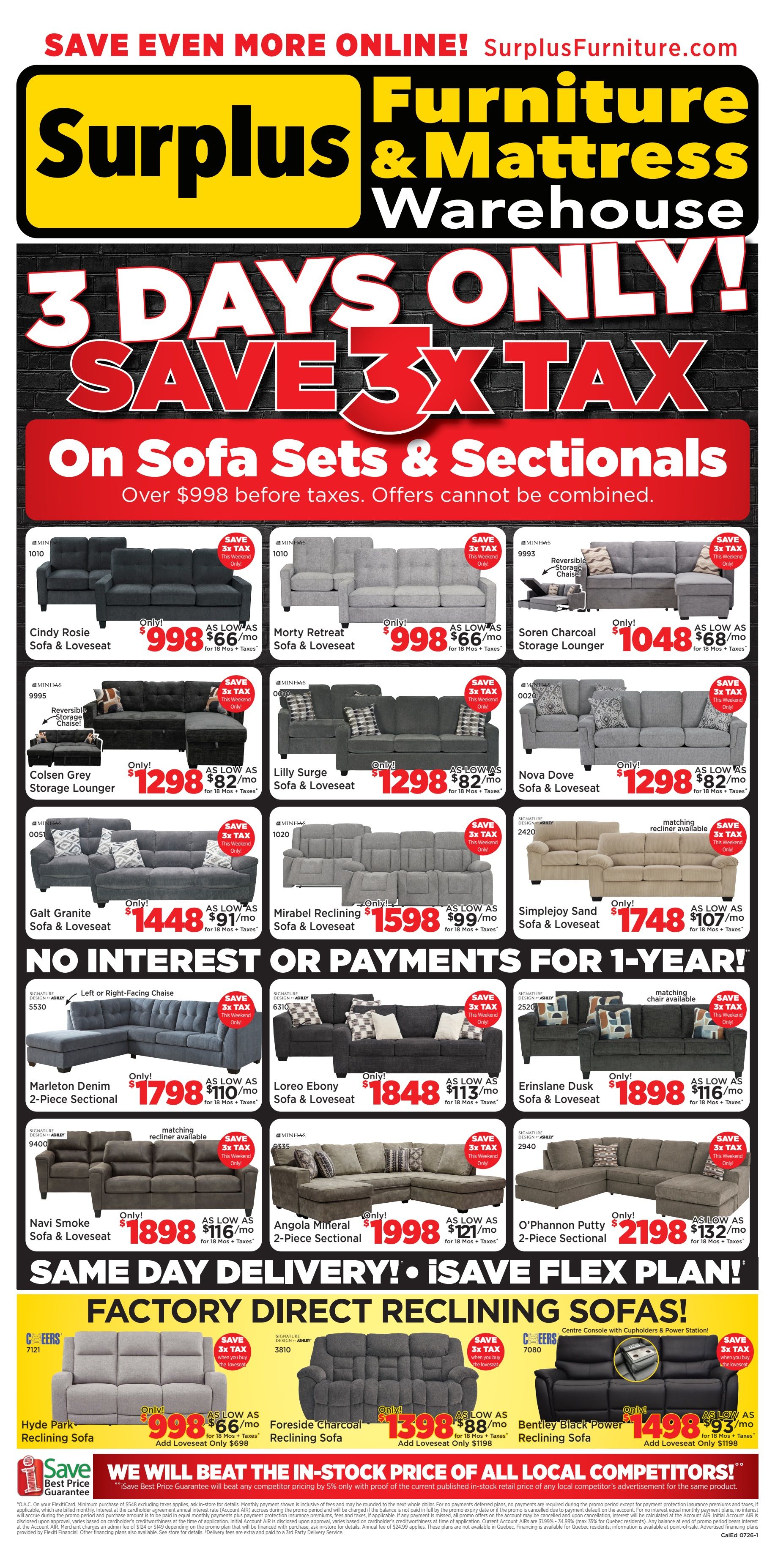 Surplus Furniture & Mattress Warehouse flyer featuring a 3 Days Only Save 3x Tax event on Sofa Sets & Sectionals over $998 before taxes. Featured items include the Cindy Rosie Sofa & Loveseat for $998 ($66/mo), Morty Retreat Sofa & Loveseat for $998 ($66/mo), Soren Charcoal Storage Lounger for $1048 ($68/mo), Colsen Grey Storage Lounger for $1298 ($82/mo), Lilly Surge Sofa & Loveseat for $1298 ($82/mo), and Nova Dove Sofa & Loveseat for $1298 ($82/mo). Also available are the Galt Granite Sofa & Loveseat for $1448 ($91/mo), Mirabel Reclining Sofa & Loveseat for $1598 ($99/mo), and Simplejoy Sand Sofa & Loveseat for $1748 ($107/mo). Sectionals include the Left or Right-Facing Chaise for $1798 ($110/mo), Loreo Ebony Sofa & Loveseat for $1848 ($113/mo), Erinslane Dusk Sofa & Loveseat for $1898 ($116/mo), Navi Smoke Sofa & Loveseat for $1898 ($116/mo), Angola Mineral 2-Piece Sectional for $1998 ($121/mo), and O'Phannon Putty 2-Piece Sectional for $2198 ($132/mo). The flyer also highlights Same Day Delivery and Factory Direct Reclining Sofas, including the Hyde Park Reclining Sofa for $998 ($66/mo), Foreside Charcoal Reclining Sofa for $1398 ($88/mo), and Bentley Black Power Reclining Sofa for $1498 ($93/mo). All prices are before taxes and financing options are available. The flyer also mentions a Best Price Guarantee.