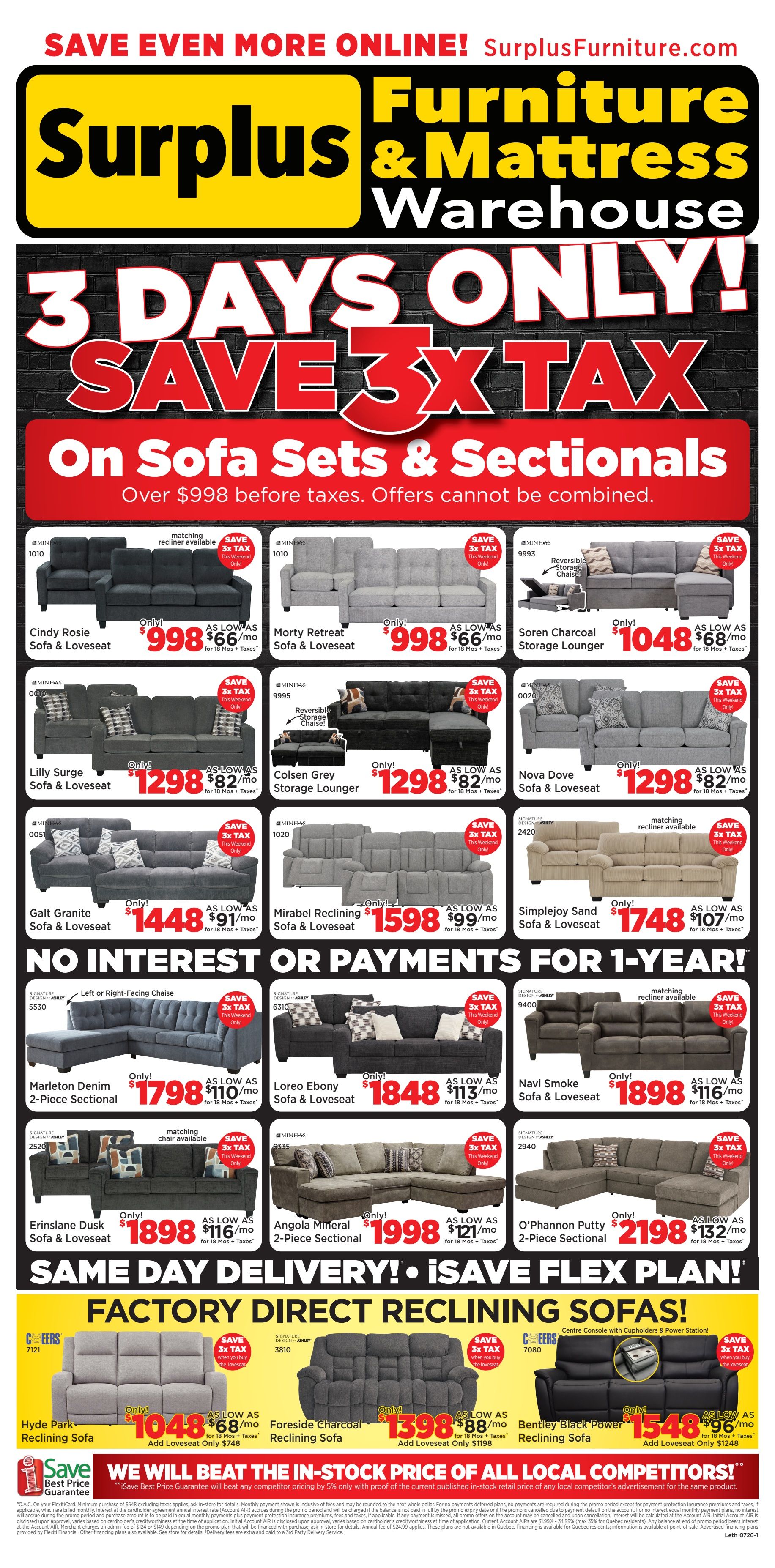 Surplus Furniture & Mattress Warehouse weekly flyer specials featuring a 3 Days Only Save 3x Tax event on Sofa Sets & Sectionals over $998. Featured items include the Cindy Rosie Sofa & Loveseat for $998, Morty Retreat Sofa & Loveseat for $998, Soren Charcoal Storage Lounger for $1048, Lilly Surge Sofa & Loveseat for $1298, Colsen Grey Storage Lounger for $1298, and Nova Dove Sofa & Loveseat for $1298. Also available are the Galt Granite Sofa & Loveseat for $1448, Mirabel Reclining Sofa & Loveseat for $1598, and Simplejoy Sand Sofa & Loveseat for $1748. The flyer highlights 'No Interest or Payments for 1-Year!'. Sectionals on sale include the Marleton Denim 2-Piece Sectional for $1798, Loreo Ebony Sofa & Loveseat for $1848, Navi Smoke Sofa & Loveseat for $1898, Erinslane Dusk Sofa & Loveseat for $1898, Angola Mineral 2-Piece Sectional for $1998, and O'Phannon Putty 2-Piece Sectional for $2198. The flyer also promotes 'Same Day Delivery!' and 'Factory Direct Reclining Sofas!'. Featured reclining sofas are the Hyde Park Reclining Sofa for $1048, Foreside Charcoal Reclining Sofa for $1398, and Bentley Black Power Reclining Sofa for $1548. The flyer includes a 'Best Price Guarantee' and a statement about matching local competitors' in-stock prices.