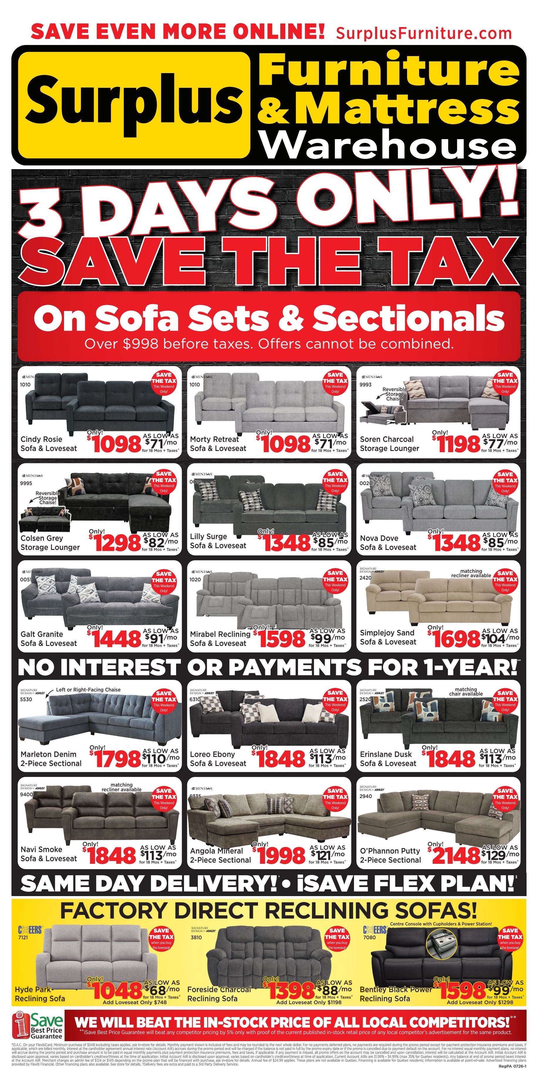 Surplus Furniture & Mattress Warehouse weekly flyer specials. This page features a 3 Days Only 'Save the Tax' event on sofa sets and sectionals over $998 before taxes. Featured items include the Cindy Rosie Sofa & Loveseat for $1098, the Morty Retreat Sofa & Loveseat for $1098, the Soren Charcoal Storage Lounger for $1198, the Colsen Grey Storage Lounger for $1298, the Lilly Surge Sofa & Loveseat for $1348, the Nova Dove Sofa & Loveseat for $1348, the Galt Granite Sofa & Loveseat for $1448, the Mirabel Reclining Sofa & Loveseat for $1598, and the Simplejoy Sand Sofa & Loveseat for $1698. Also available are the Marleton Denim 2-Piece Sectional for $1798, the Loreo Ebony Sofa & Loveseat for $1848, the Erinslane Dusk Sofa & Loveseat for $1848, the Navi Smoke Sofa & Loveseat for $1848, the Angola Mineral 2-Piece Sectional for $1998, and the O'Phannon Putty 2-Piece Sectional for $2148. All prices are 'As Low As' with monthly payment options shown. The flyer also highlights 'No Interest or Payments for 1-Year!' and 'Same Day Delivery! iSave Flex Plan!'. Additionally, it showcases 'Factory Direct Reclining Sofas!' including the Hyde Park Reclining Sofa for $1048 (Add Loveseat $748), the Foreside Charcoal Reclining Sofa for $1398 (Add Loveseat $1198), and the Bentley Black Power Reclining Sofa for $1598 (Add Loveseat $1298898). The flyer also includes a 'Best Price Guarantee' and mentions that they will beat the in-stock price of all local competitors.