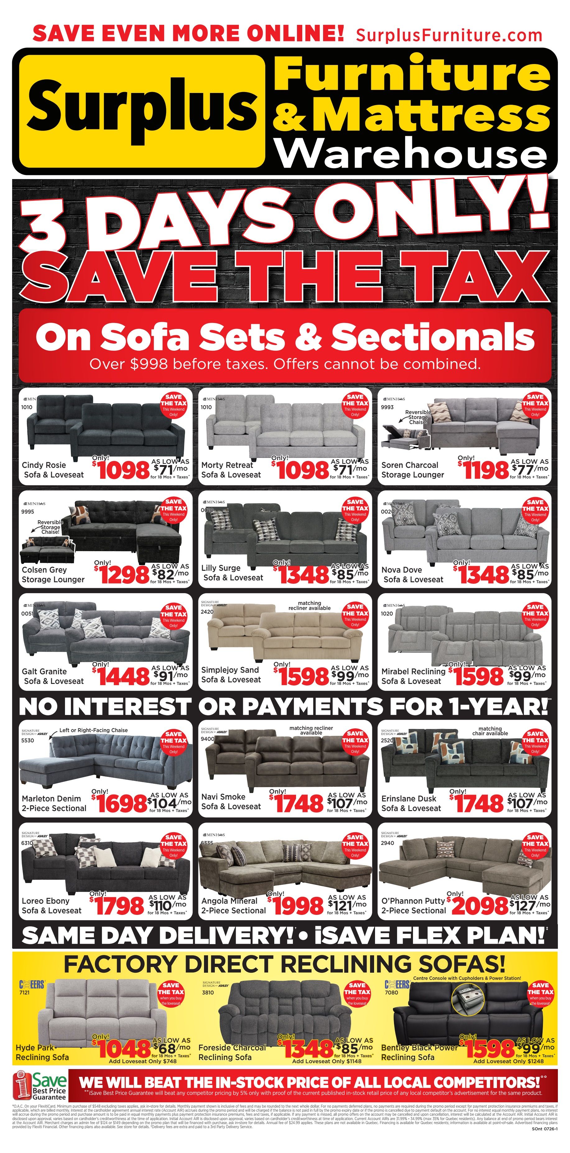 Surplus Furniture & Mattress Warehouse flyer featuring a 3 Days Only 'Save the Tax' event on sofa sets and sectionals over $998 before taxes. Featured items include the Cindy Rosie Sofa & Loveseat for $1098, Morty Retreat Sofa & Loveseat for $1098, Soren Charcoal Storage Lounger for $1198, Colsen Grey Storage Lounger for $1298, Lilly Surge Sofa & Loveseat for $1348, and Nova Dove Sofa & Loveseat for $1348. Also available are the Galt Granite Sofa & Loveseat for $1448, Simplejoy Sand Sofa & Loveseat for $1598, and Mirabel Reclining Sofa & Loveseat for $1598. The flyer highlights 'No Interest or Payments for 1-Year' financing. Other deals include the Marleton Denim 2-Piece Sectional for $1698, Navi Smoke Sofa & Loveseat for $1748, Erinslane Dusk Sofa & Loveseat for $1748, Loreo Ebony Sofa & Loveseat for $1798, Angola Mineral 2-Piece Sectional for $1998, and O'Phannon Putty 2-Piece Sectional for $2098. The flyer also advertises 'Same Day Delivery!' and 'Factory Direct Reclining Sofas!', with specific models like the Hyde Park Reclining Sofa for $1048, Foreside Charcoal Reclining Sofa for $1348, and Bentley Black Power Reclining Sofa for $1598. A 'Best Price Guarantee' is also mentioned.