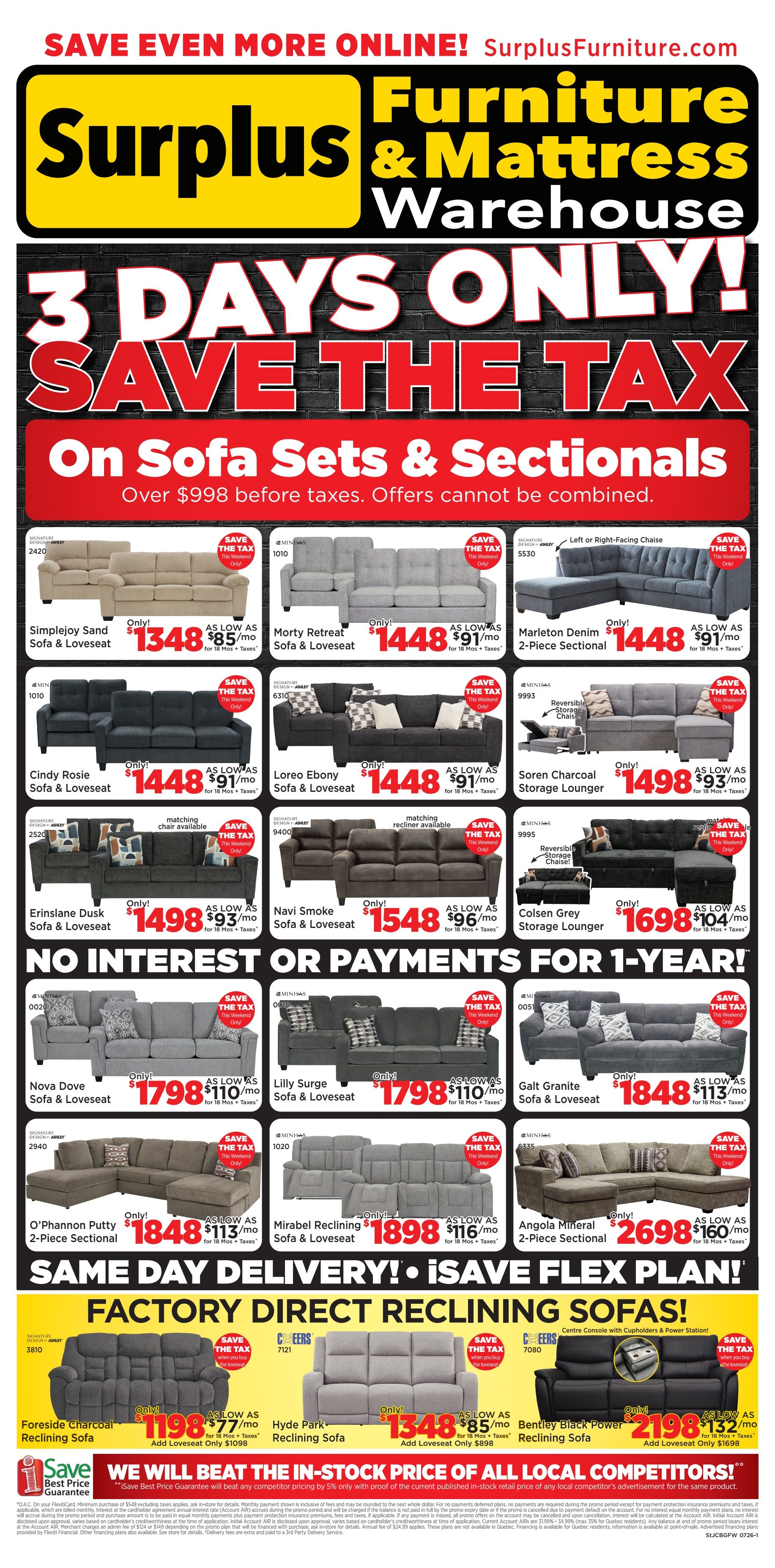 Surplus Furniture & Mattress Warehouse flyer featuring a 3 Days Only Save the Tax event on Sofa Sets & Sectionals over $998 before taxes. Featured items include the Simplejoy Sand Sofa & Loveseat for $1348, Morty Retreat Sofa & Loveseat for $1448, Marleton Denim 2-Piece Sectional for $1448, Cindy Rosie Sofa & Loveseat for $1448, Loreo Ebony Sofa & Loveseat for $1448, and Soren Charcoal Storage Lounger for $1498. Also available are the Erinslane Dusk Sofa & Loveseat for $1498, Navi Smoke Sofa & Loveseat for $1548, Colsen Grey Storage Lounger for $1698, Nova Dove Sofa & Loveseat for $1798, Lilly Surge Sofa & Loveseat for $1798, and Galt Granite Sofa & Loveseat for $1848. The flyer also highlights the O'Phannon Putty 2-Piece Sectional for $1848, Mirabel Reclining Sofa & Loveseat for $1898, and Angola Mineral 2-Piece Sectional for $2698. Additionally, there are direct reclining sofas including the Foreside Charcoal Reclining Sofa for $1198, Hyde Park Reclining Sofa for $1348, and Bentley Black Power Reclining Sofa for $2198. All prices are 'as low as' with monthly payment options and 'Save the Tax' promotions. The flyer also mentions 'No Interest or Payments for 1-Year' and 'Same Day Delivery!' plus 'iSave Flex Plan!'.