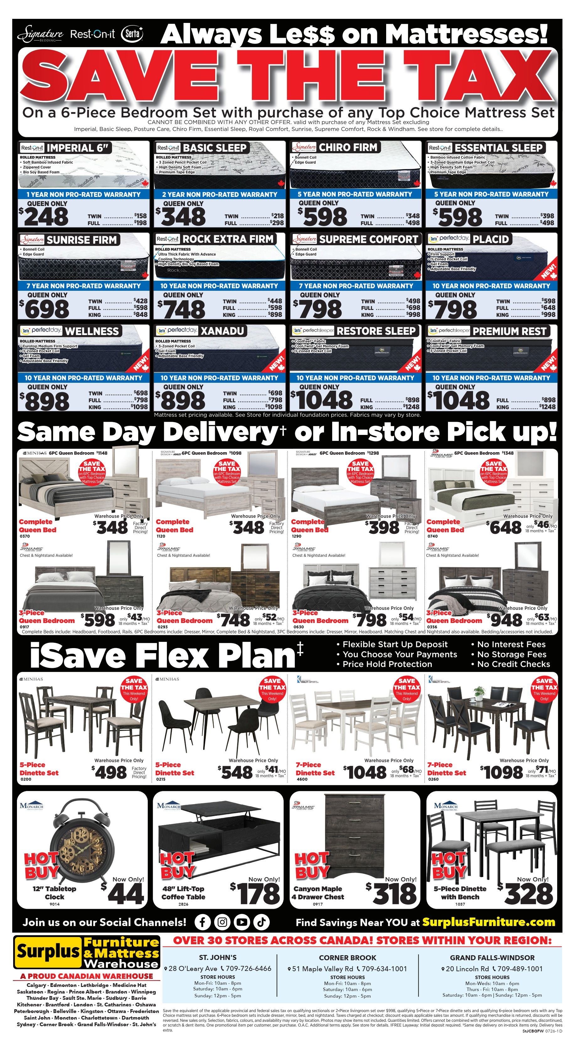 Surplus Furniture & Mattress Warehouse flyer page 3 features a 'Save the Tax' event on 6-piece bedroom sets with the purchase of any Top Choice Mattress Set. Featured mattress sets include Imperial 6', Basic Sleep, Chiro Firm, Essential Sleep, Sunrise, Rock Extra Firm, Supreme Comfort, Placid, Wellness, Xanadu, Restore Sleep, and Premium Rest, with various warranty lengths and prices starting from $248 for a Queen size. The flyer also highlights 'Same Day Delivery or In-Store Pickup' on 6-piece bedroom sets starting at $348, and 3-piece bedroom sets starting at $598. 'iSave Flex Plan' offers flexible start-up deposit, choice of payments, price hold protection, no interest fees, no storage fees, and no credit checks. Dining sets are on sale, including a 5-piece dinette set for $498, another for $548, a 7-piece dinette set for $1048, and a 7-piece dinette set for $1098. Hot Buy items include a 12' tabletop clock for $44, a 48' lift-top coffee table for $178, a Canyon Maple 4-drawer chest for $318, and a 5-piece dinette with bench for $328. The flyer also includes social media links and store locations across Canada.