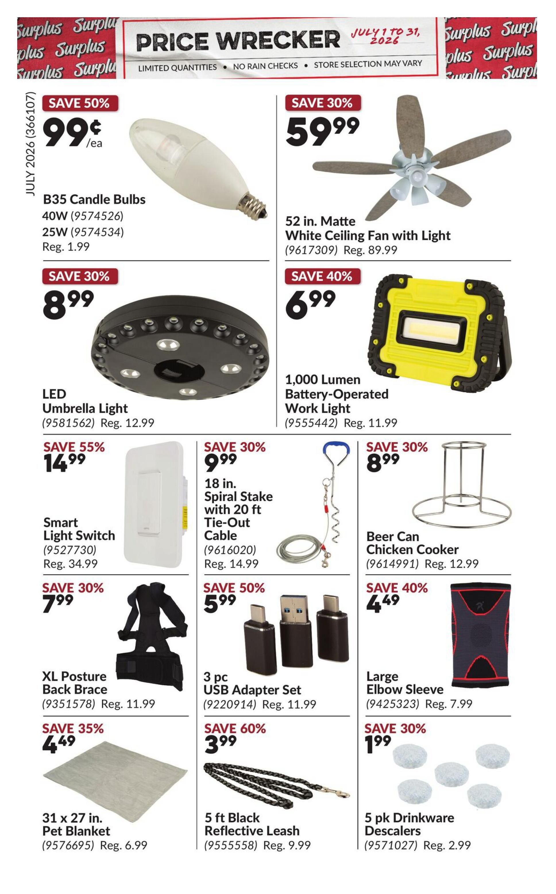 Princess Auto Price Wrecker flyer, page 4. Featured items include B35 Candle Bulbs on sale for 99 cents each (save 50%), a 52-inch Matte White Ceiling Fan with Light for $59.99 (save 30%), and an LED Umbrella Light for $8.99 (save 30%). Also available are a 1,000 Lumen Battery-Operated Work Light for $6.99 (save 40%), a Smart Light Switch for $14.99 (save 55%), an 18-inch Spiral Stake with 20 ft Tie-Out Cable for $9.99 (save 30%), and a Beer Can Chicken Cooker for $8.99 (save 30%). Additional deals include an XL Posture Back Brace for $7.99 (save 30%), a 3-pc USB Adapter Set for $5.99 (save 50%), a Large Elbow Sleeve for $4.49 (save 40%), a 31 x 27 inch Pet Blanket for $4.49 (save 35%), a 5 ft Black Reflective Leash for $3.99 (save 60%), and a 5 pk Drinkware Descalers for $1.99 (save 30%).