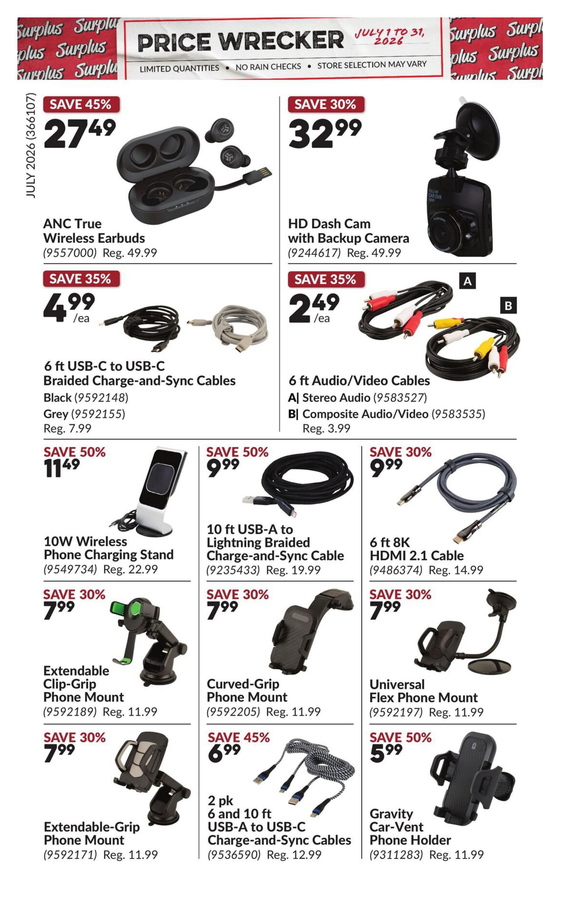Princess Auto Price Wrecker flyer, page 7. Featured items include ANC True Wireless Earbuds on sale for $27.49 (save 45%), HD Dash Cam with Backup Camera for $32.99 (save 30%), 6 ft USB-C to USB-C Braided Charge-and-Sync Cables in Black or Grey for $4.99 each (save 35%), 6 ft Audio/Video Cables (A: Stereo Audio, B: Composite Audio/Video) for $2.49 each (save 35%), 10W Wireless Phone Charging Stand for $11.49 (save 50%), 10 ft USB-A to Lightning Braided Charge-and-Sync Cable for $9.99 (save 50%), 6 ft 8K HDMI 2.1 Cable for $9.99 (save 30%), Extendable Clip-Grip Phone Mount for $7.99 (save 30%), Curved-Grip Phone Mount for $7.99 (save 30%), Universal Flex Phone Mount for $7.99 (save 30%), Extendable-Grip Phone Mount for $7.99 (save 30%), 2 pk 6 and 10 ft USB-A to USB-C Charge-and-Sync Cables for $6.99 (save 45%), and Gravity Car-Vent Phone Holder for $5.99 (save 50%).